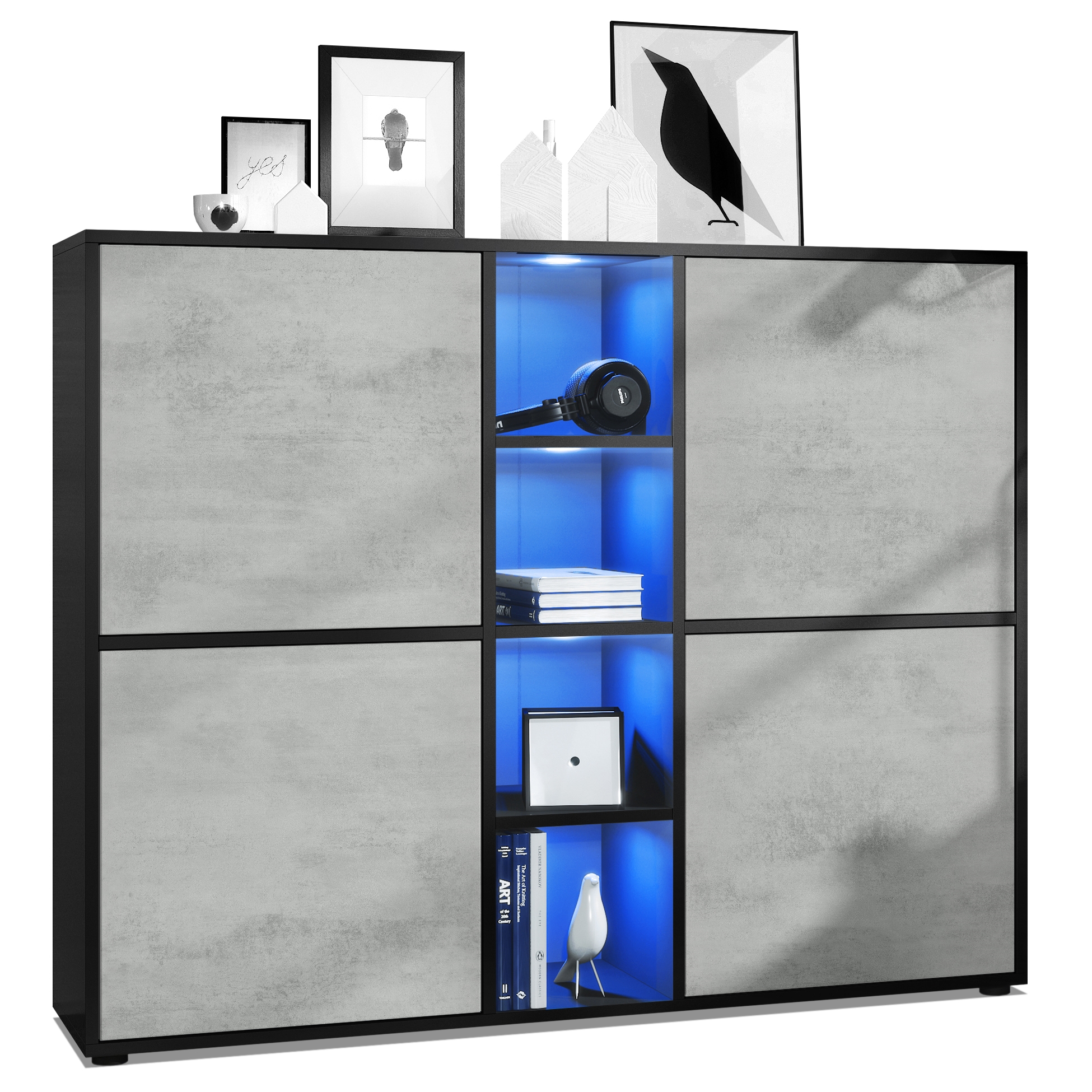Highboard Cuba V3   mit 12 Fächern, inkl. RGB LED Beleuchtung  Korpus in Schwarz matt / in Beton Oxid Optik (130,5x105,5x35,5 cm)
