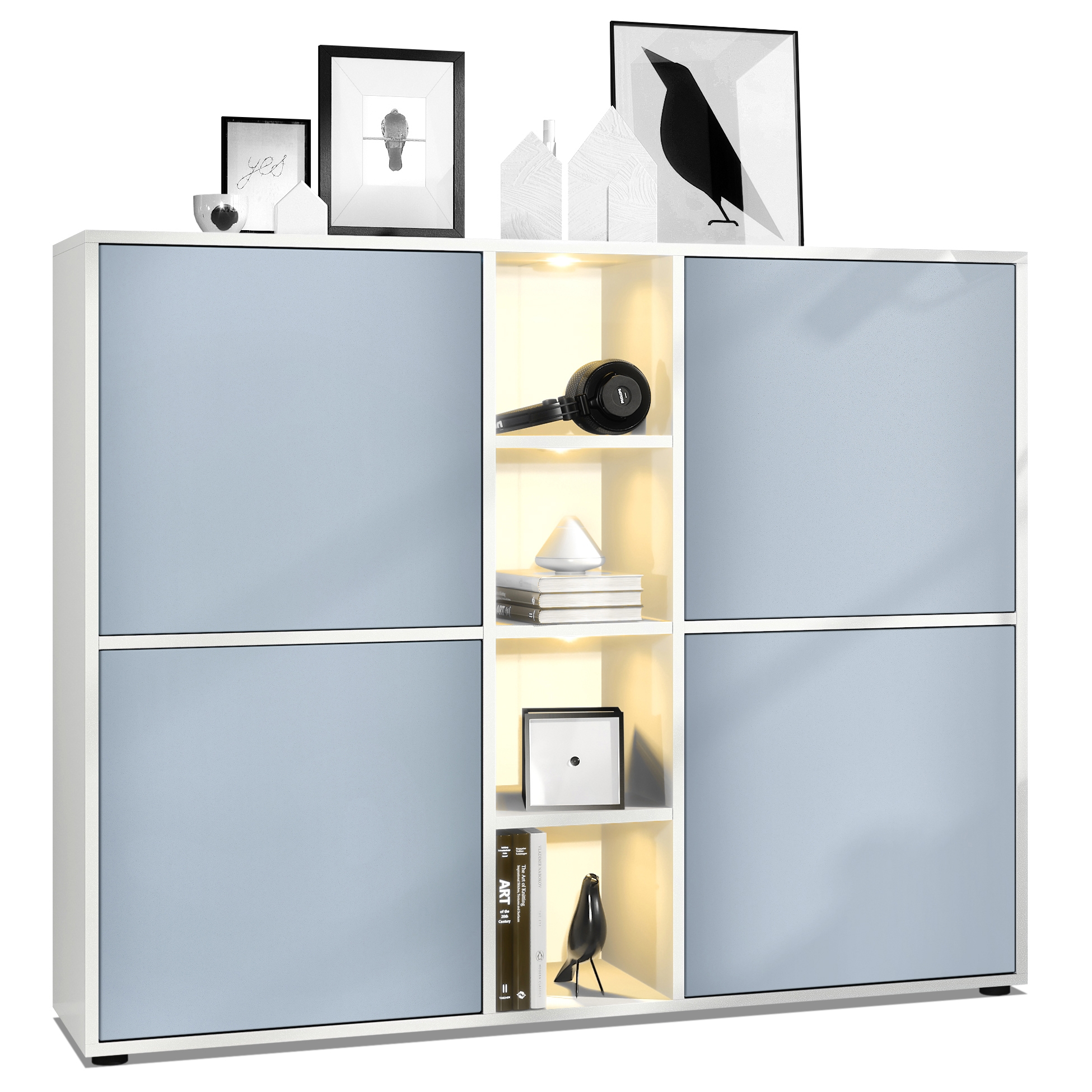 Highboard Cuba V3   mit 12 Fächern, inkl. RGB LED Beleuchtung  Korpus in Weiß matt / Fronten in Denim matt (130,5 x 105,5 x 35,5 cm)