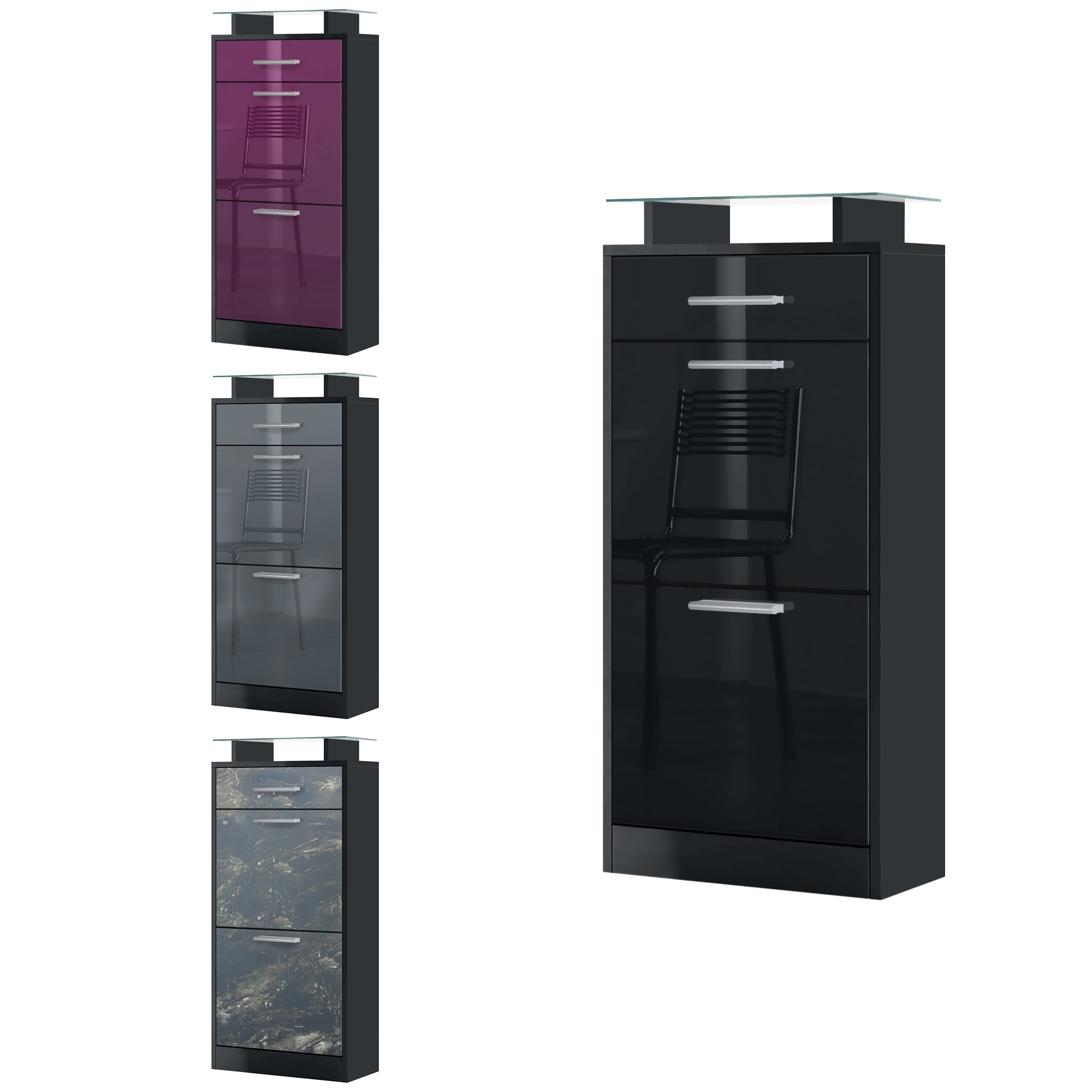 Schuhschrank Loret V2 mit 2 Klappen, 1 Schublade und Glasablage Schwarz matt/Weiß Hochglanz (46 x 104 x 23 cm)