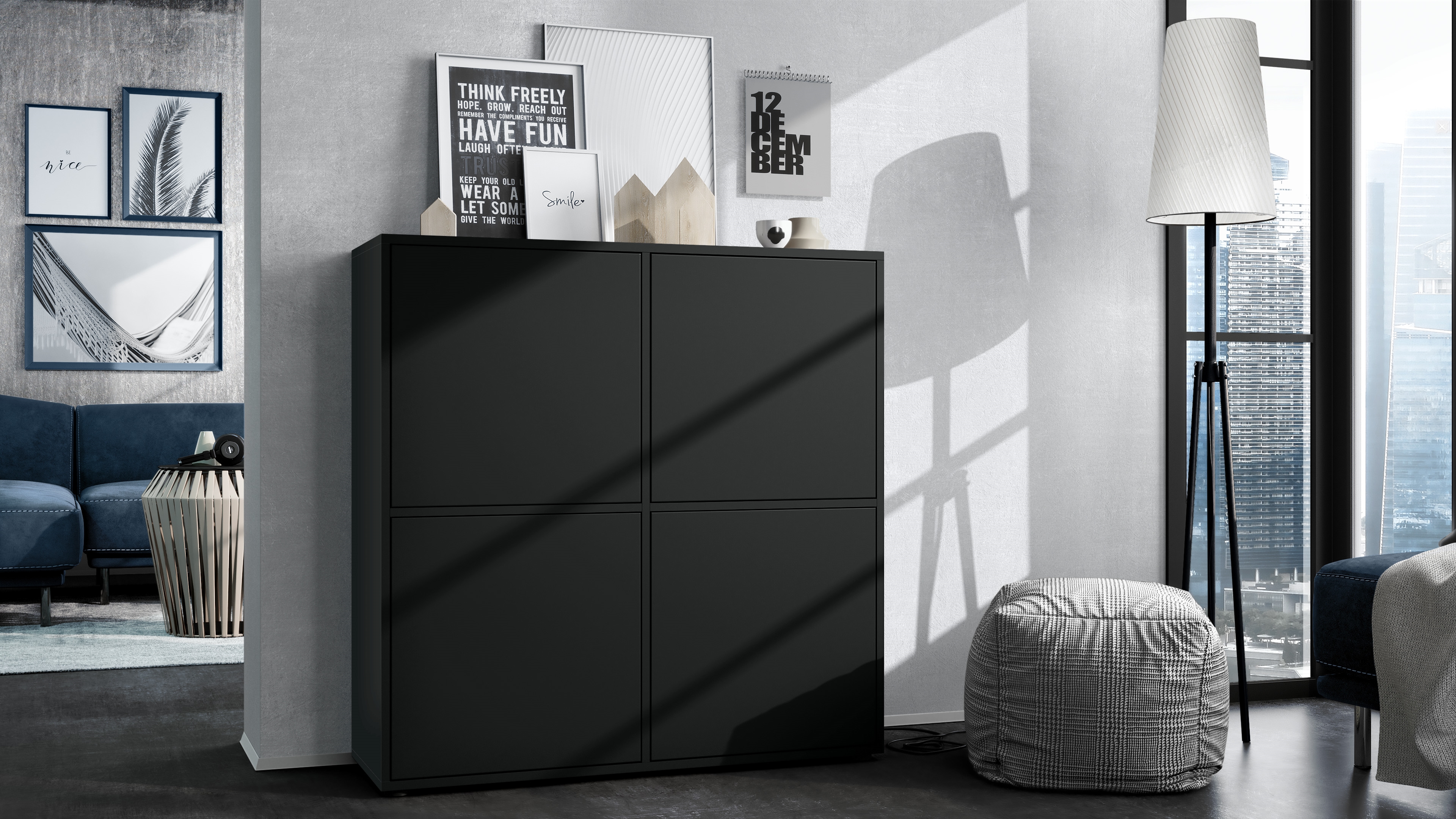 Highboard Cuba V2 104 x 105,5 x 35,5 cm Sideboard mit 8 Fächern Korpus in Schwarz matt / Fronten in Schwarz matt
