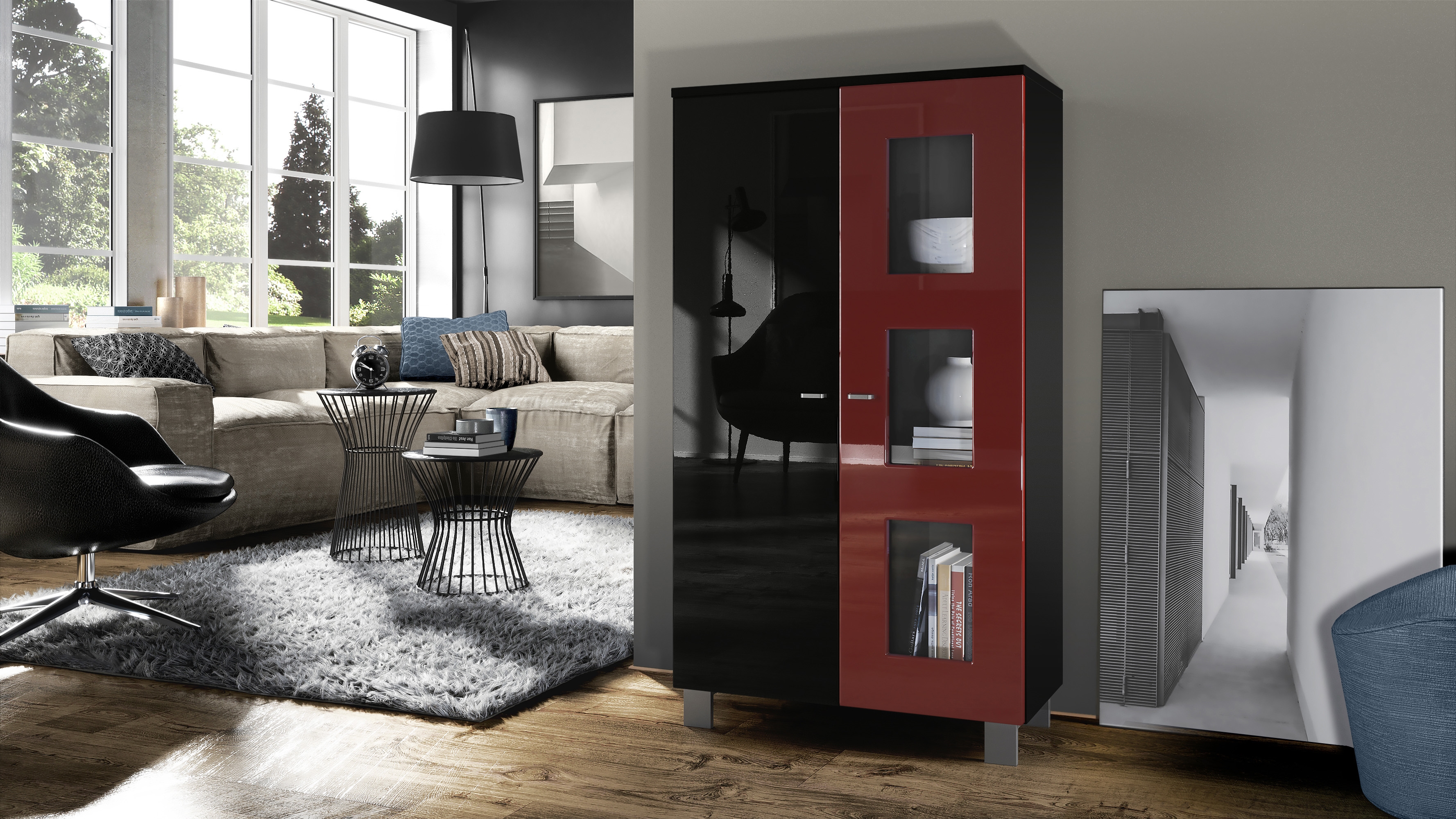 Vitrine Denjo  mit 2 Türen und 3 Glaseinsätzen Schwarz matt/ Schwarz Hochglanz/ Bordeaux Hochglanz (71 x 129 x 35 cm)