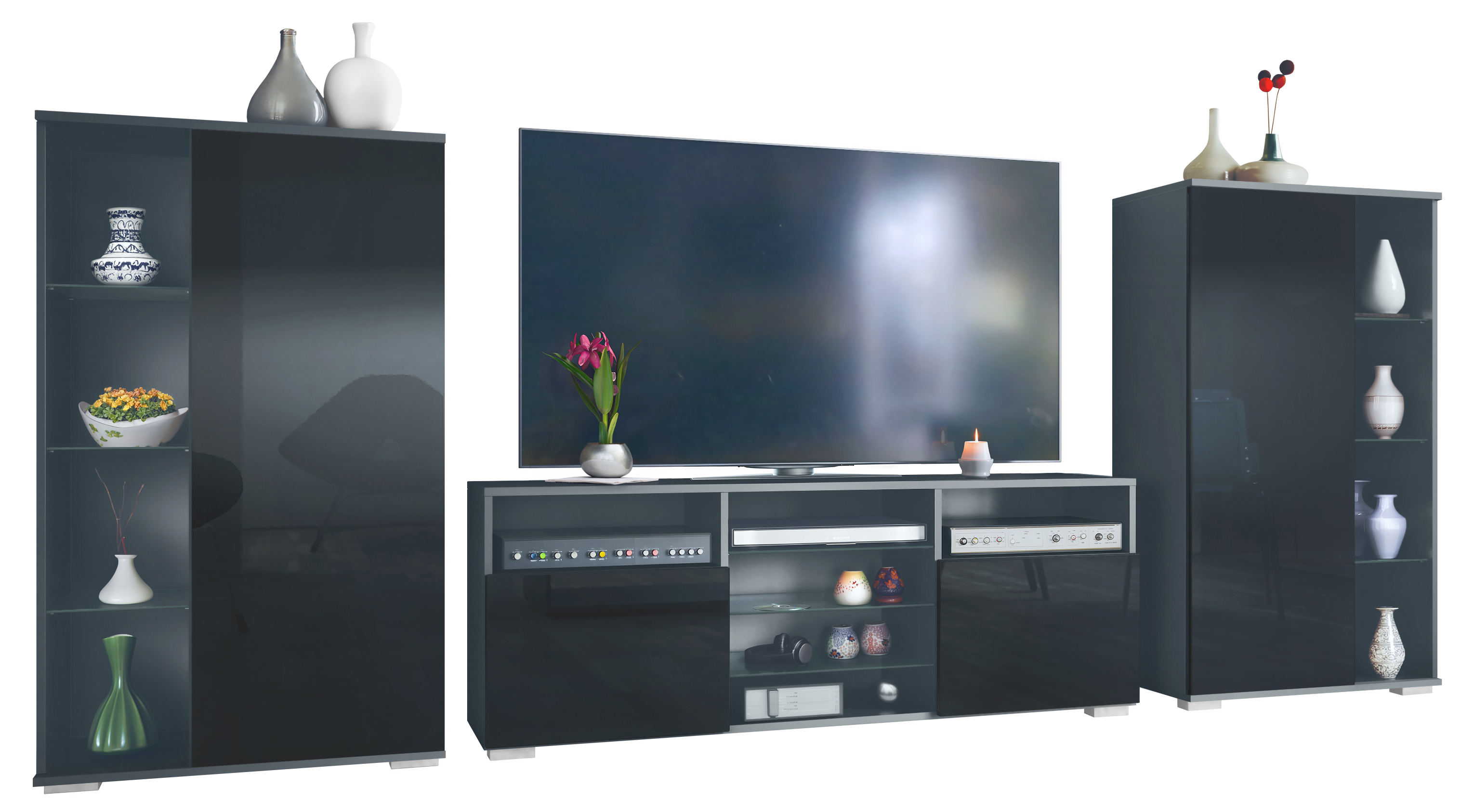 Wohnwand 3-tlg. Davos Anthrazit bestehend aus 2 Vitrinen und 1 TV-Board Anthrazit matt/Schwarz Hochglanz (329 x 134 x 35 cm)