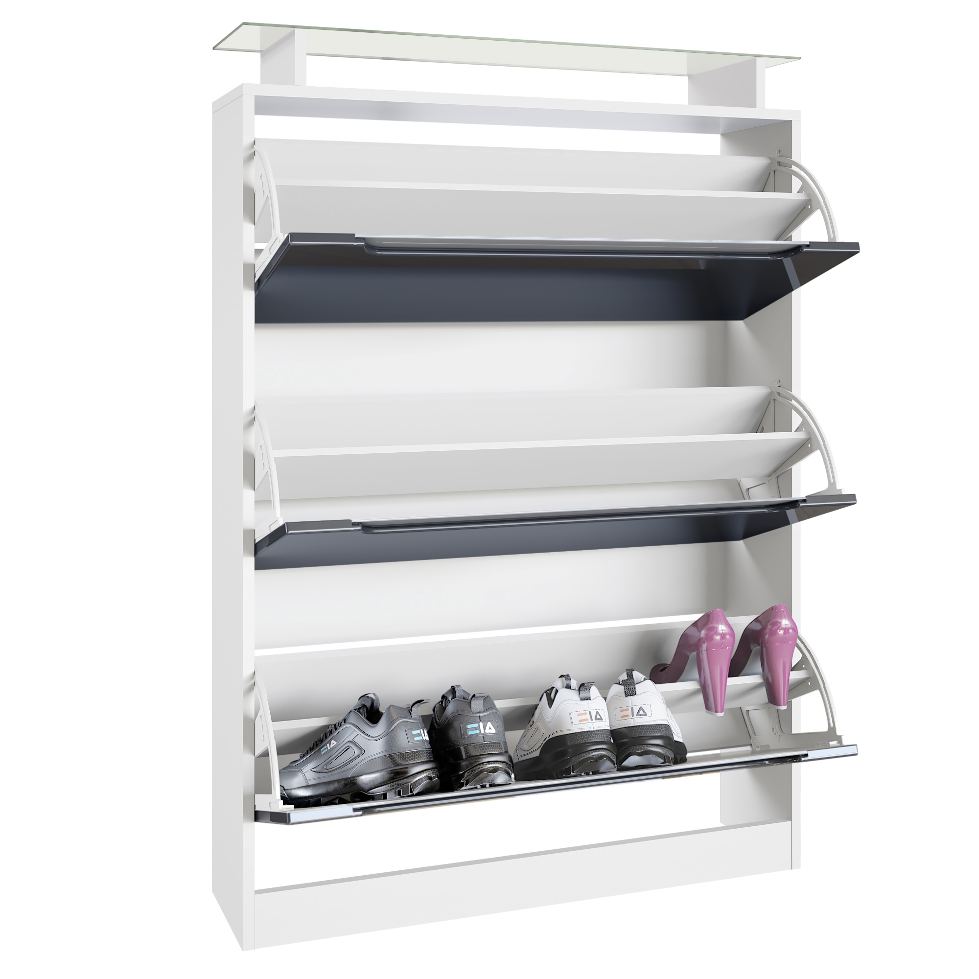 Schuhschrank Space ​für 24 Paar Schuhe mit 3 Klappen und Glasablage Weiß matt/Petrol glänzend/Absetzung in Weiß glänzend (89x128x23 cm)