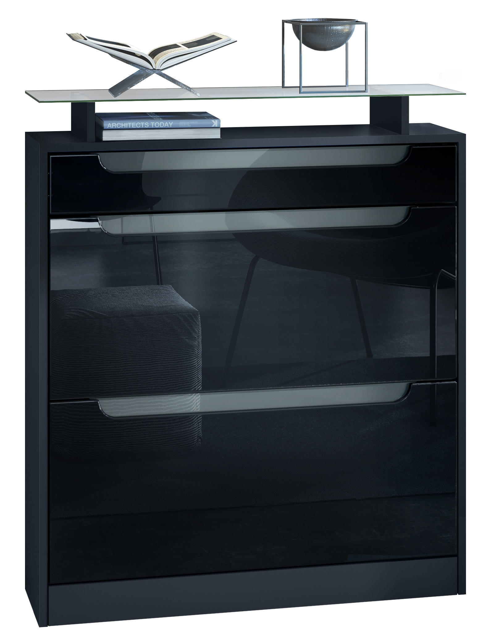 Fiesta Schuhschrank mit 2 Klappen, 1 Schublade und Glasablage Schwarz matt/Schwarz glänzend, Mulden in Grau glänzend (89x104x23 cm)