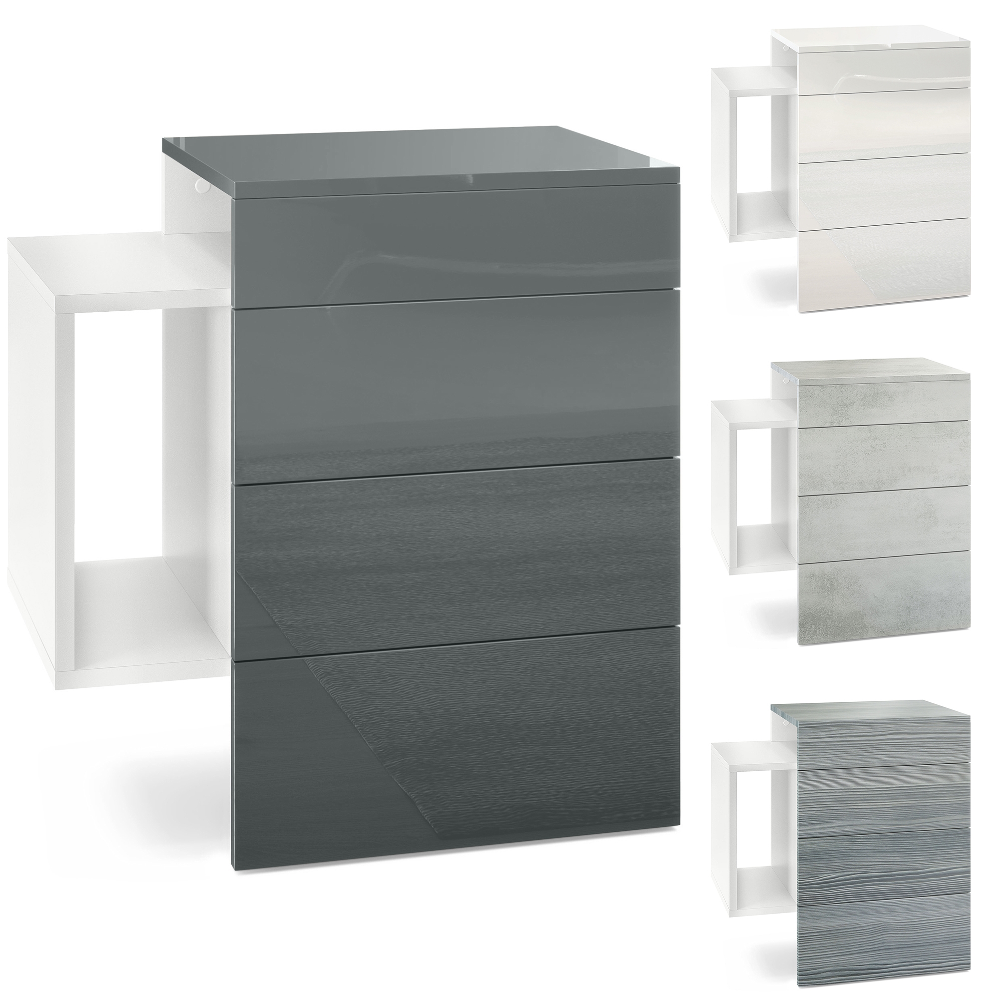 Nachttisch Queens und 1 seitlichem Fach zur Wandmontage Weiß matt/Beton Oxid Optik (60 x 63 x 36 cm)