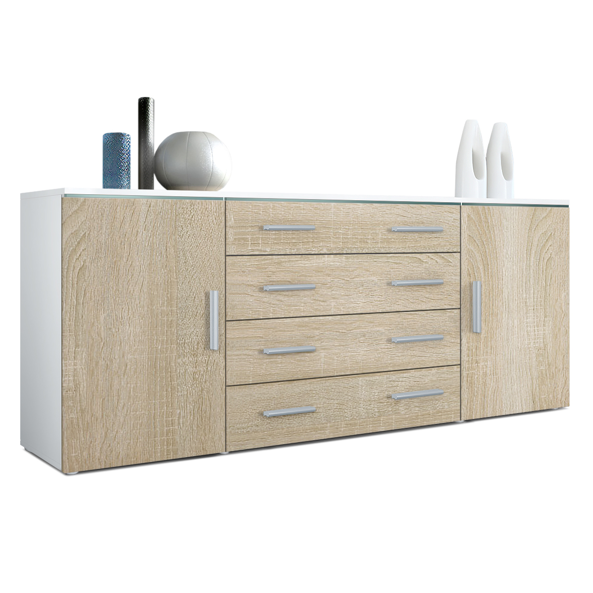Sideboard Faro V2 mit 2 Türen und 4 Schubladen Weiß matt/Eiche sägerau (166 x 72 x 35)