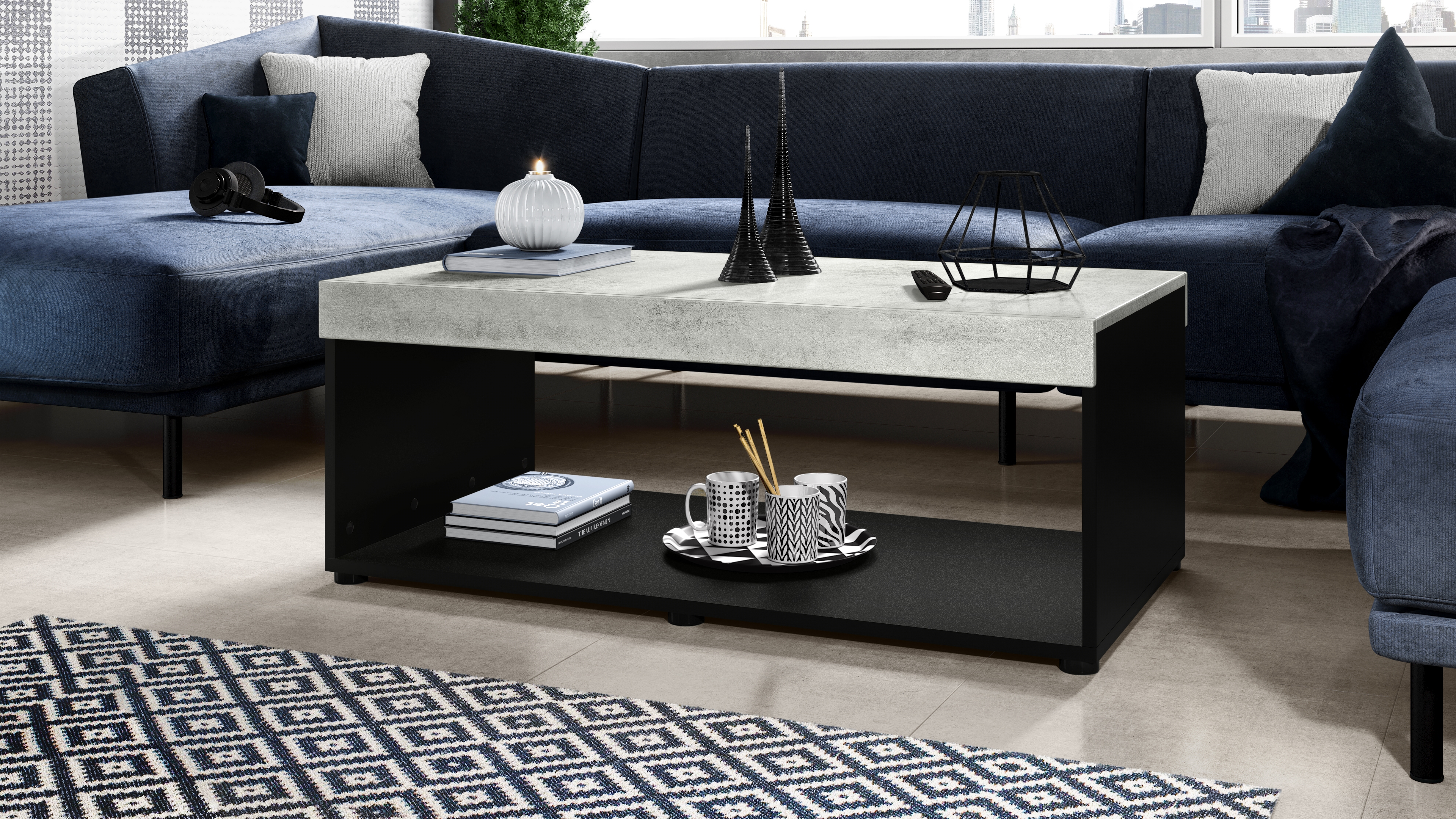 Wohnzimmer-Set Berlin bestehend aus 1 TV Board und 1 Couchtisch Schwarz matt/Beton Oxid Optik