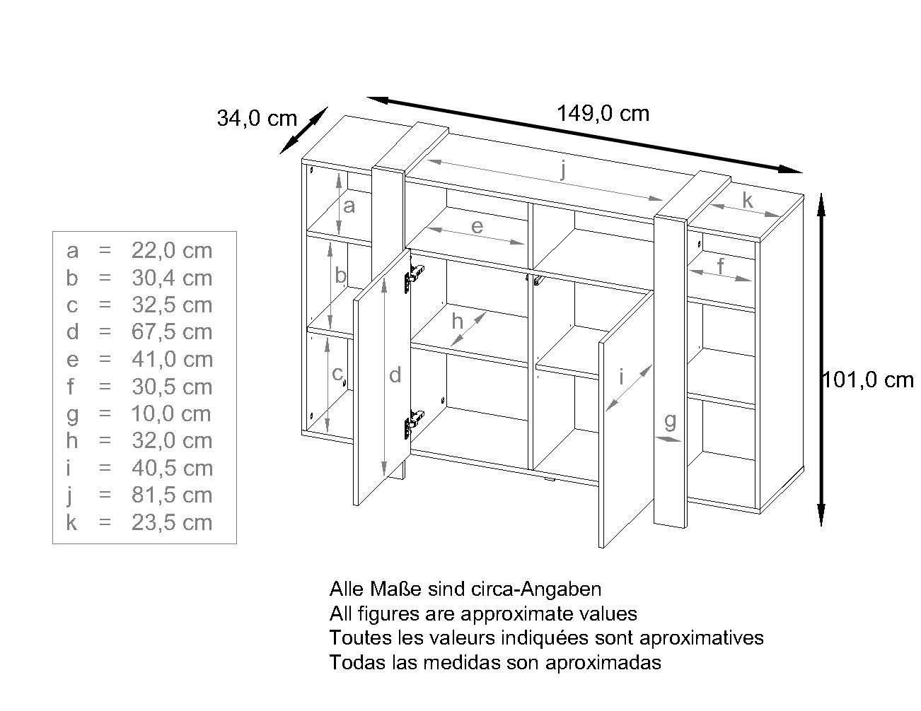 Highboard Ida V1 Weiß mit 2 Türen und 8 offene Fächer Weiß matt/Scratchy Metal (149 x 101 x 34 cm)