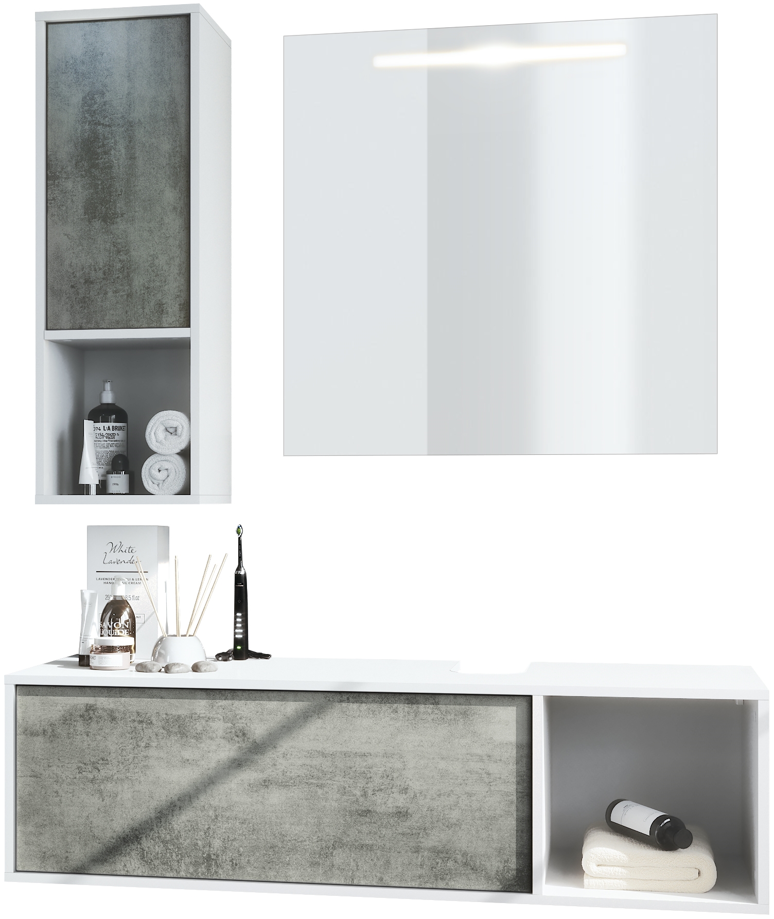 Badmöbel-Set La Costa 1 Unterschrank und 1 LED-Spiegel Korpus Weiß matt/Fronten Beton Dunkel Optik (‎126,5 x 195 x 46 cm)