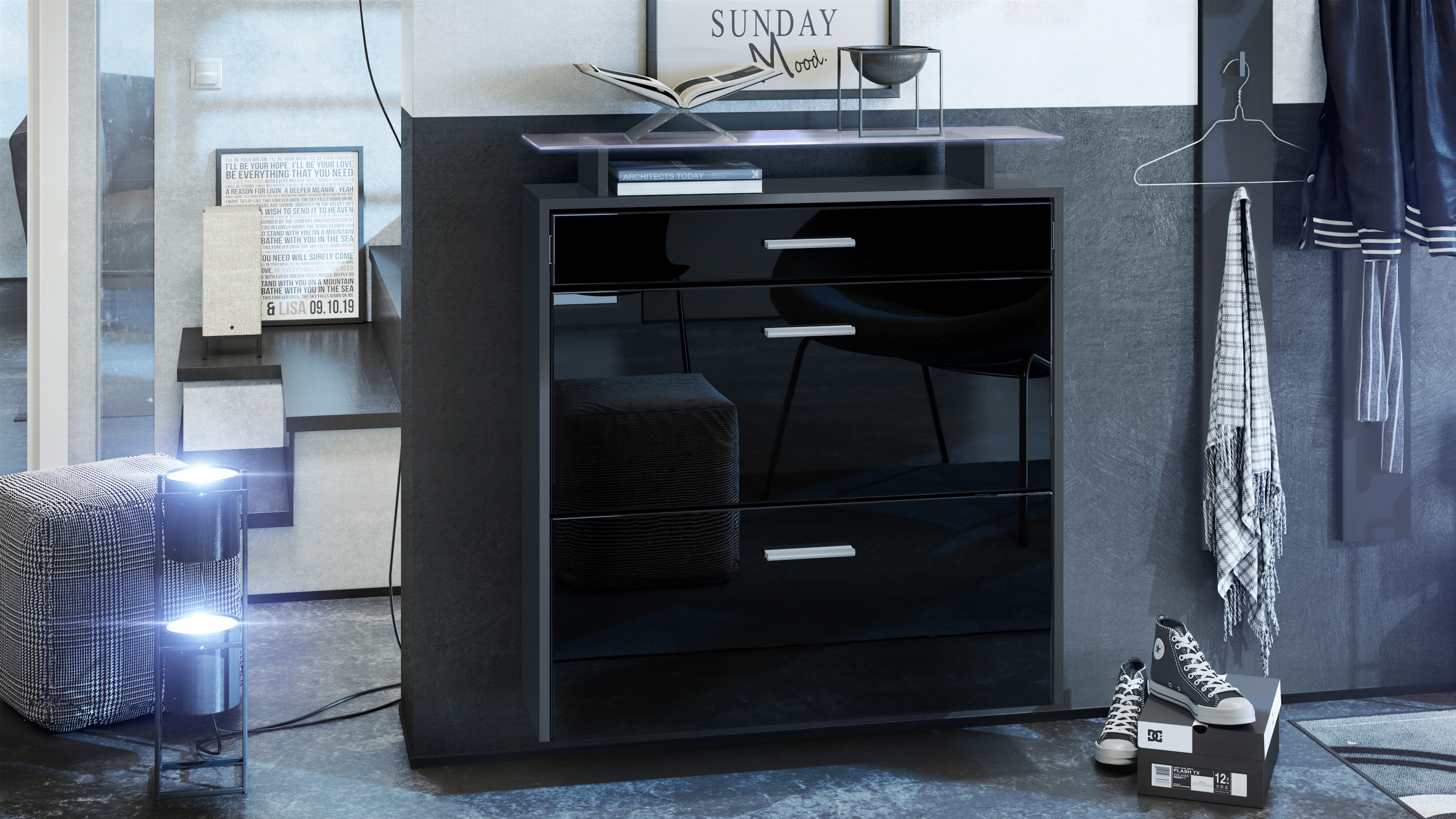 Schuhschrank Malea mit 2 Klappen und 1 Schublade und Glasablage Anthrazit matt/Schwarz glänzend, mit Beleuchtung weiß(89x96x23 cm)