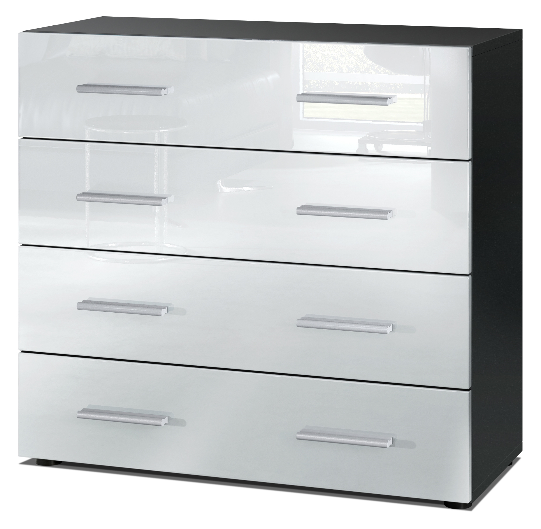 Kommode Pavos V1 ​mit 4 Schubladen Schwarz matt/Weiß Hochglanz (76 x 72 x 35 cm)
