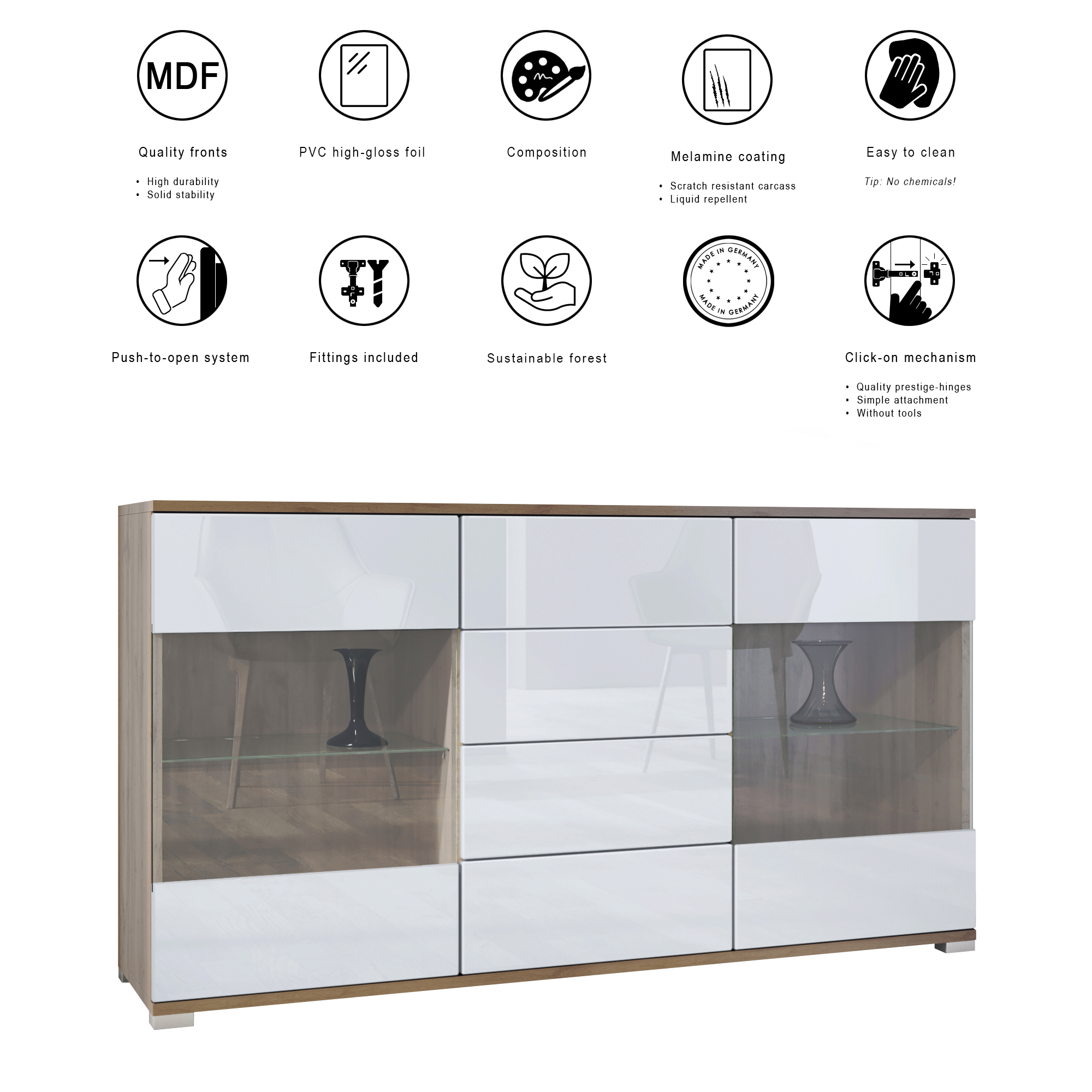 Sideboard Bari V1 Eiche Evoke 4 Schubladen und 2 flexible Glaseinlegeböden Eiche Evoke/Grau Hochglanz (138,5 x 75,5 x 35)