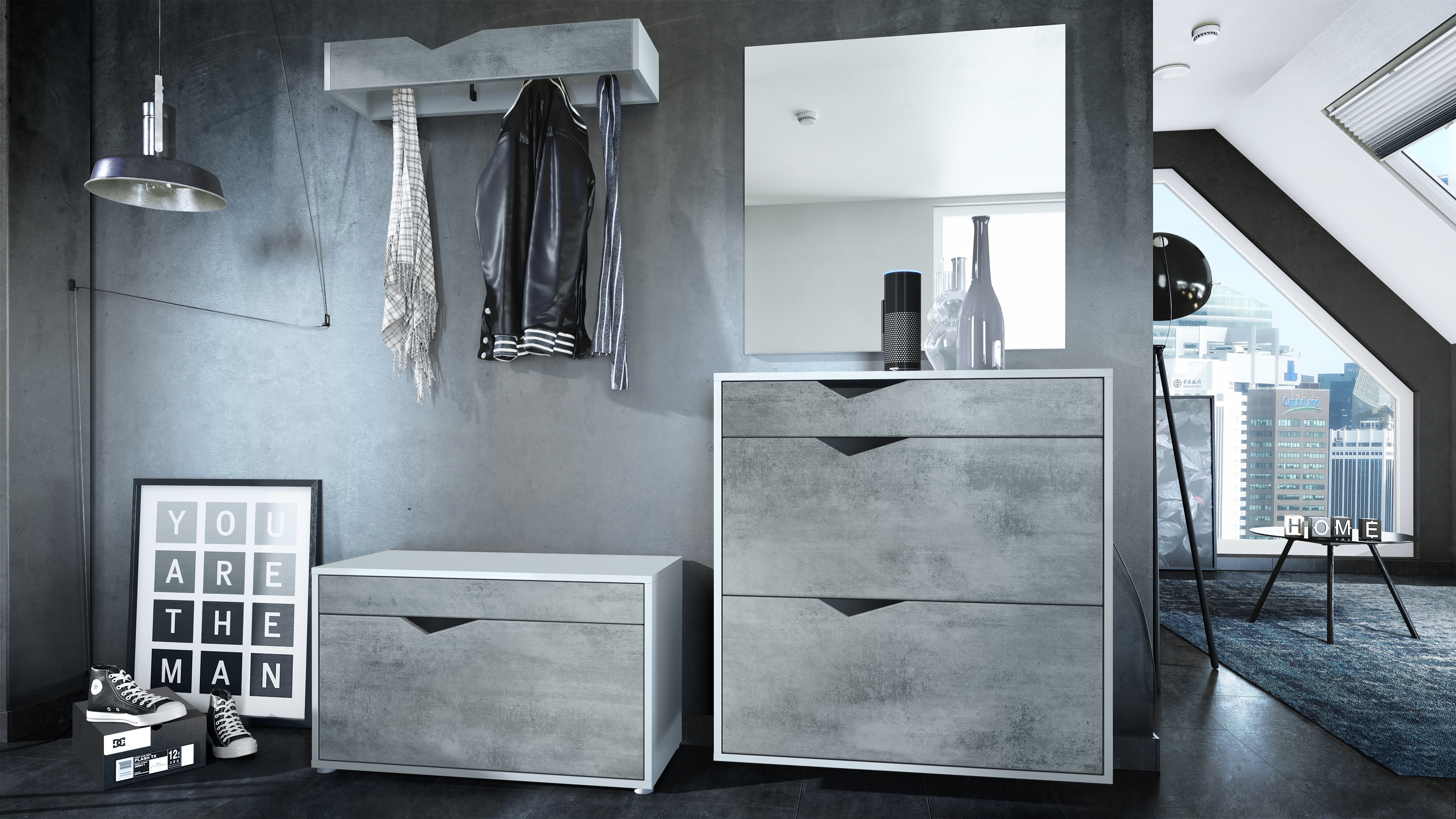 Garderobenset Kolmio 1 Schuhbank, 1 Spiegel und 1 Wandgarderobe Weiß matt/Beton Oxid Optik (190 x 185 x 33 cm)