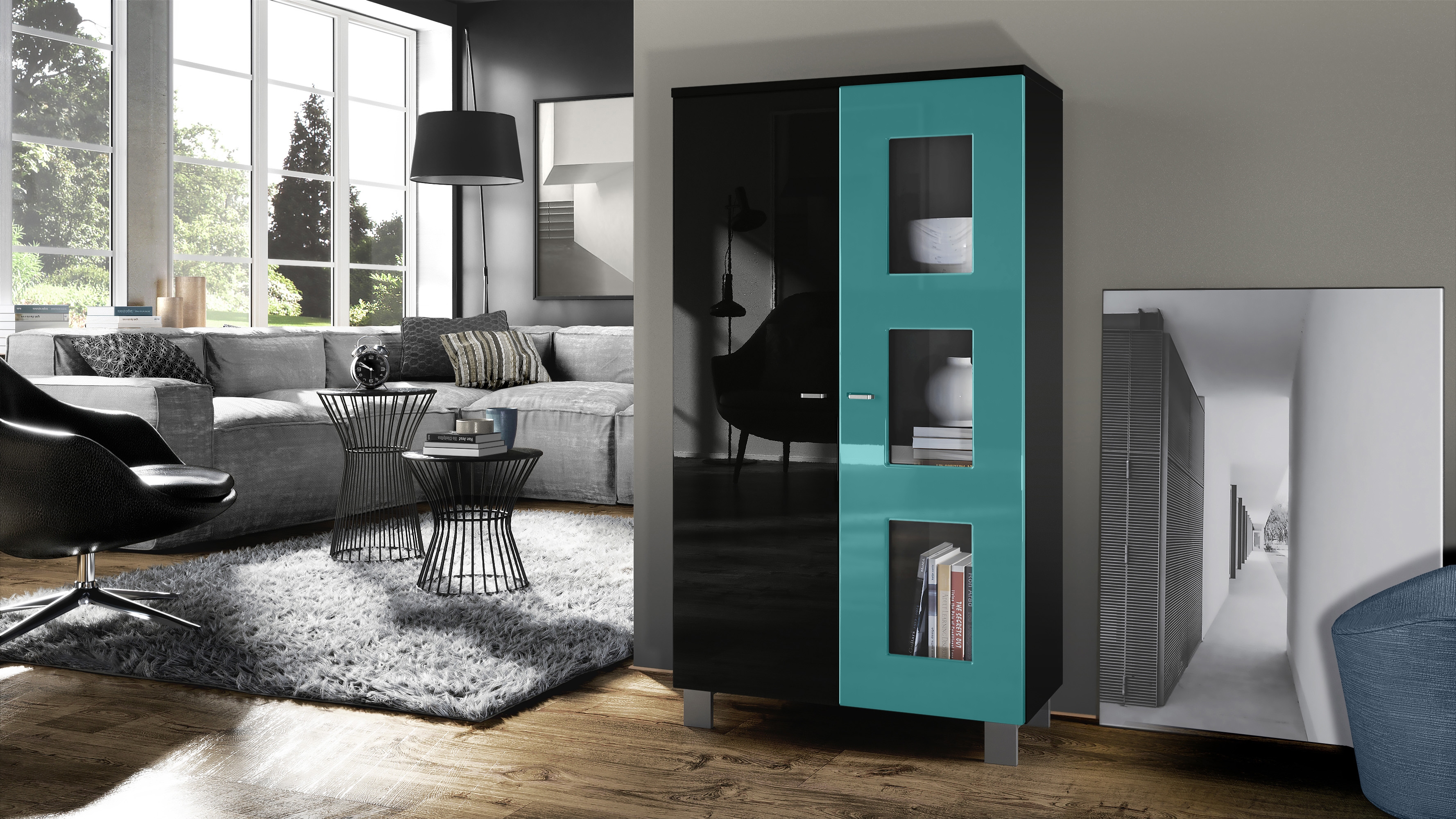 Vitrine Denjo  mit 2 Türen und 3 Glaseinsätzen Schwarz matt/ Schwarz Hochglanz/ Petrol Hochglanz (71 x 129 x 35 cm)