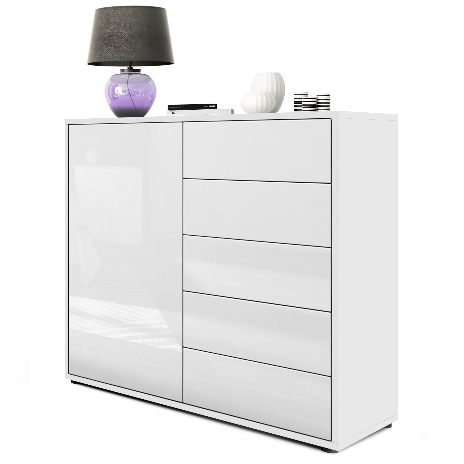 Kommode Ben V2  mit 1 Tür und 5 Schubladen Weiß matt/Weiß Hochglanz (79 x 74 x 36 cm)