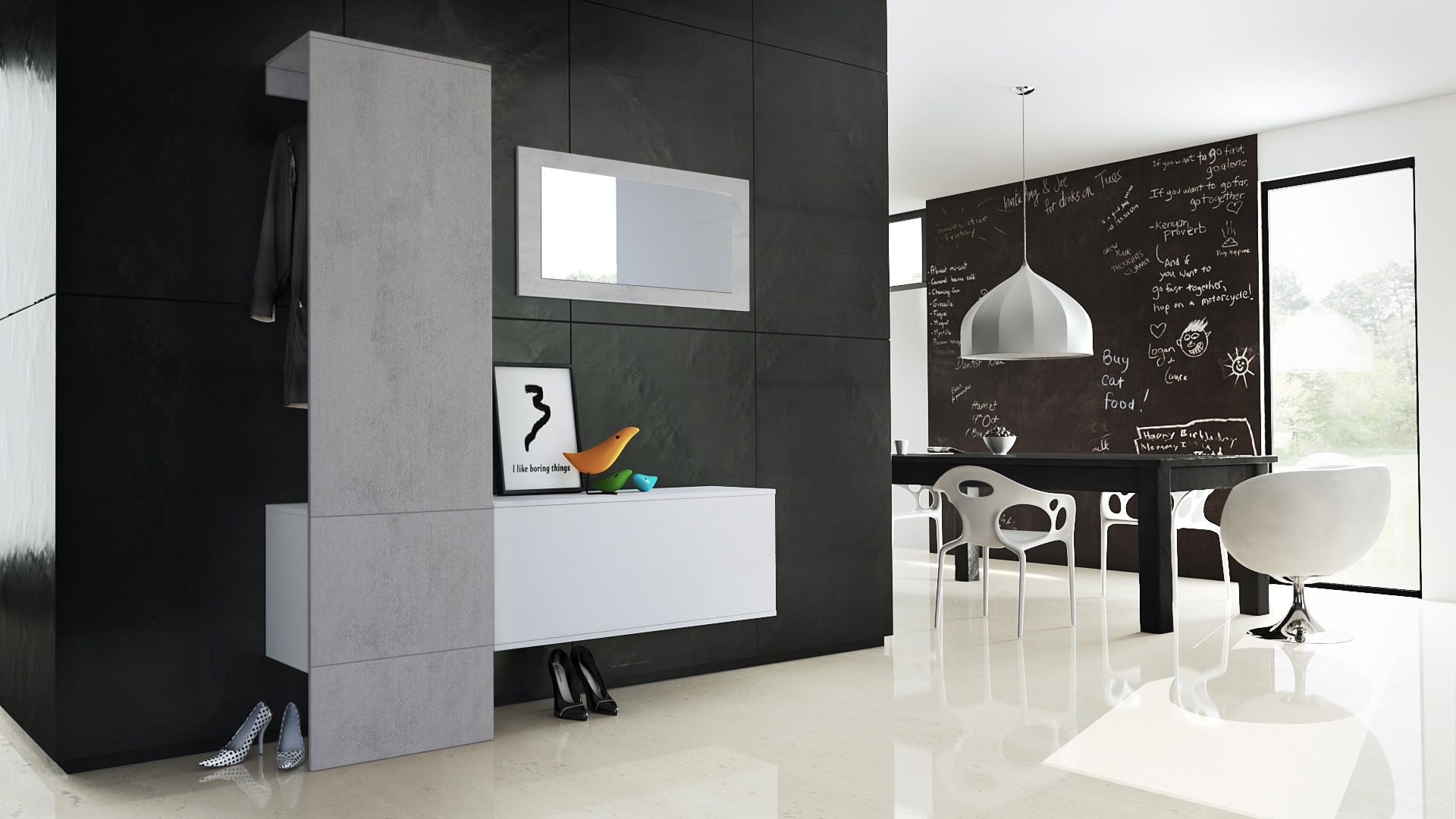 Garderobe Carlton Set 4 Beton 3-tlg. ​1 Paneel, 1 Schrankmodul und 1 Wandspiegel Weiß matt/Beton Oxid Optik (156 x 193 x 35 cm)