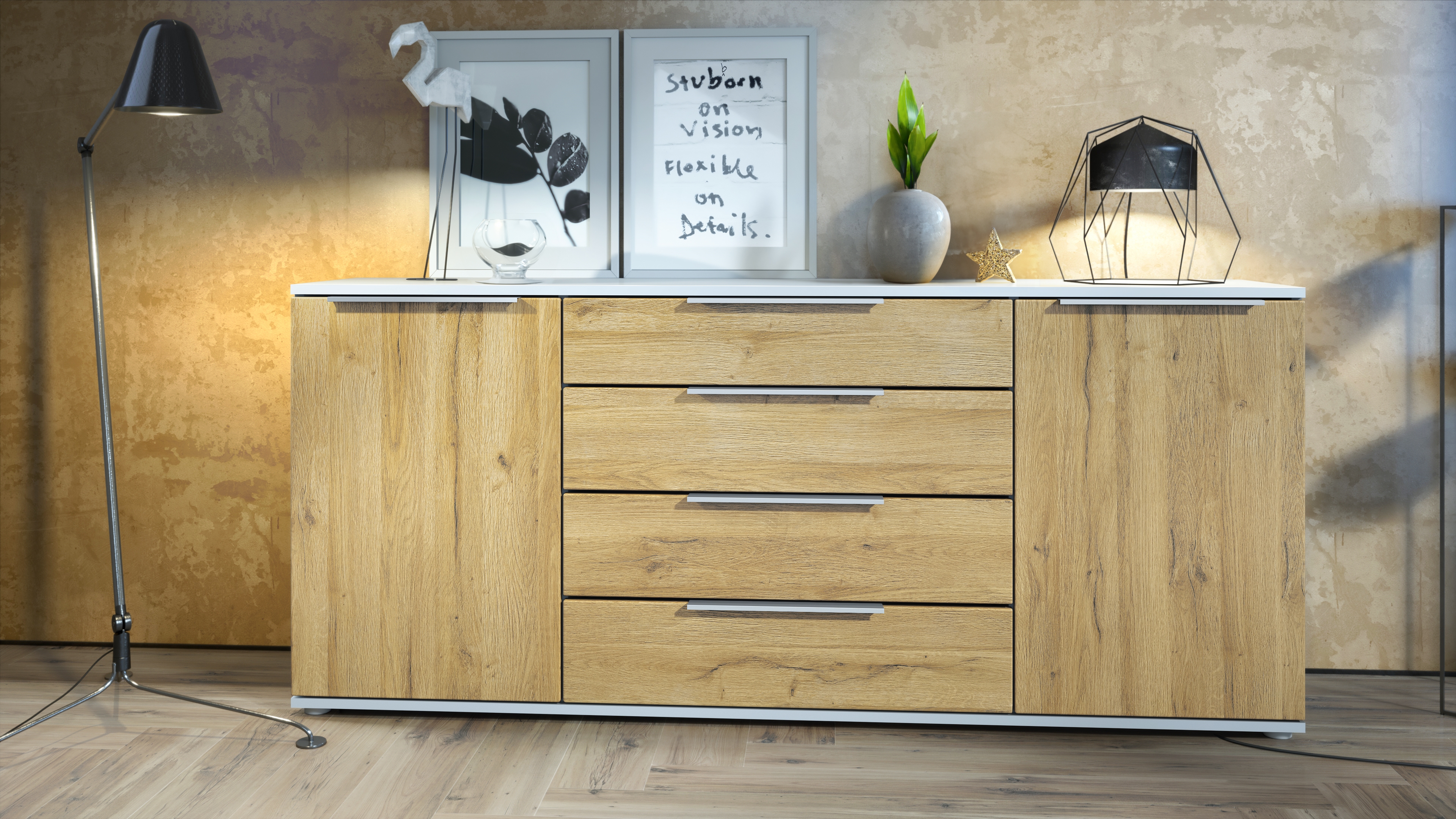 Linio V2 Sideboard mit 2 Türen und 4 Schubladen Weiß matt/Eiche Natur (166,5 x 72,5 x 35 cm)