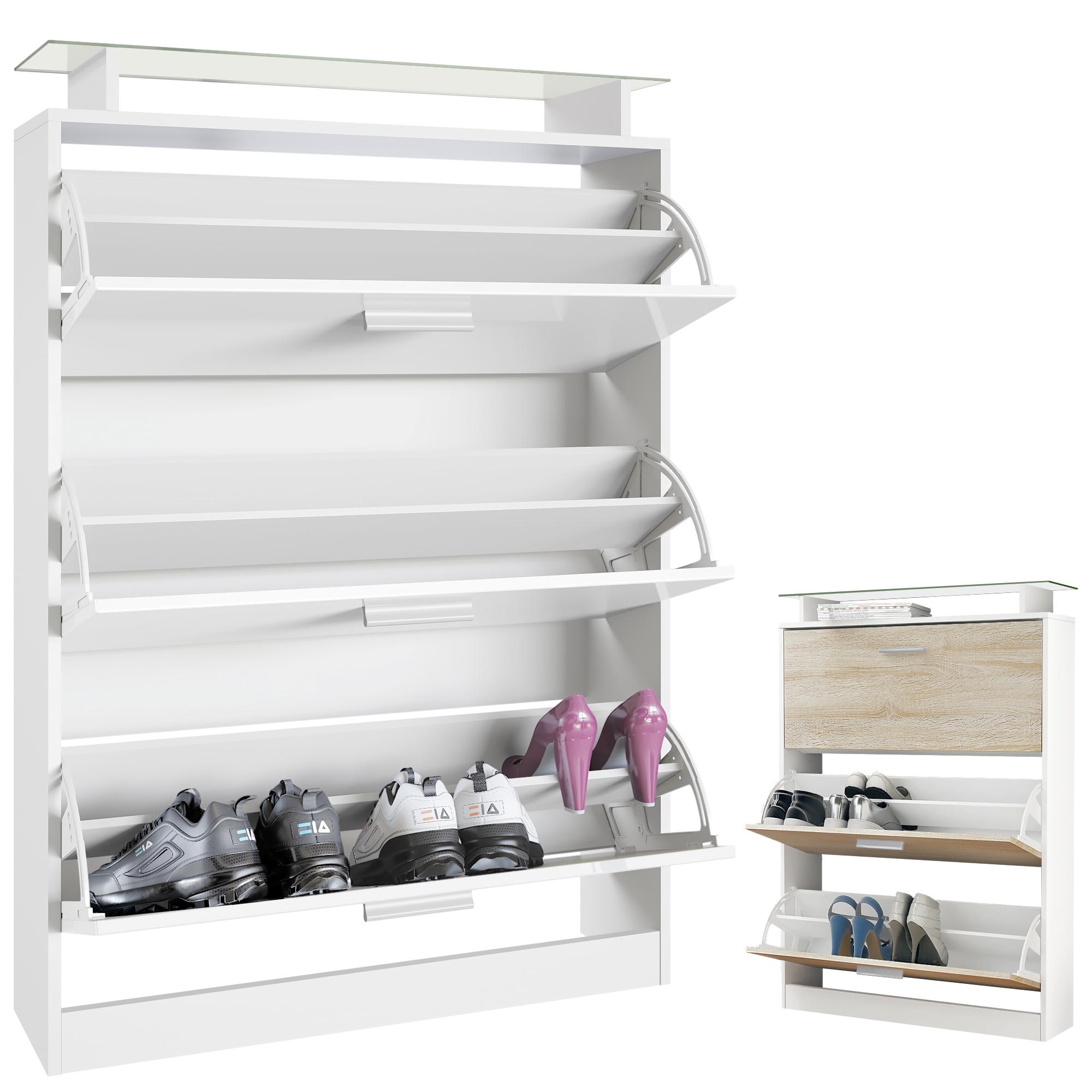Schuhschrank Lavia  für 24 Paar Schuhe mit 3 Klappen und Glasablage Weiß matt/Eiche sägerau (89 x 128 x 23 cm)