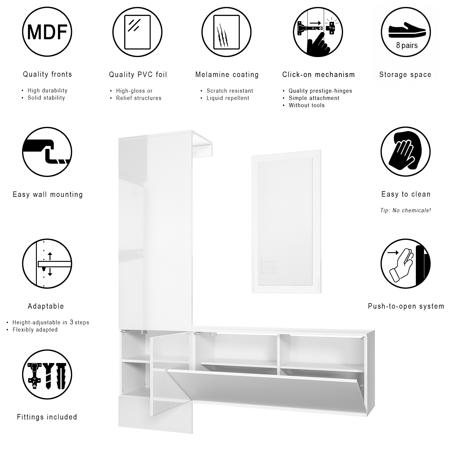 Garderobe Carlton Set 4 Weiß 3-tlg. 1 Paneel, 1 Schrankmodul und 1 Wandspiegel Weiß matt/Creme Hochglanz (156 x 193 x 35 cm)