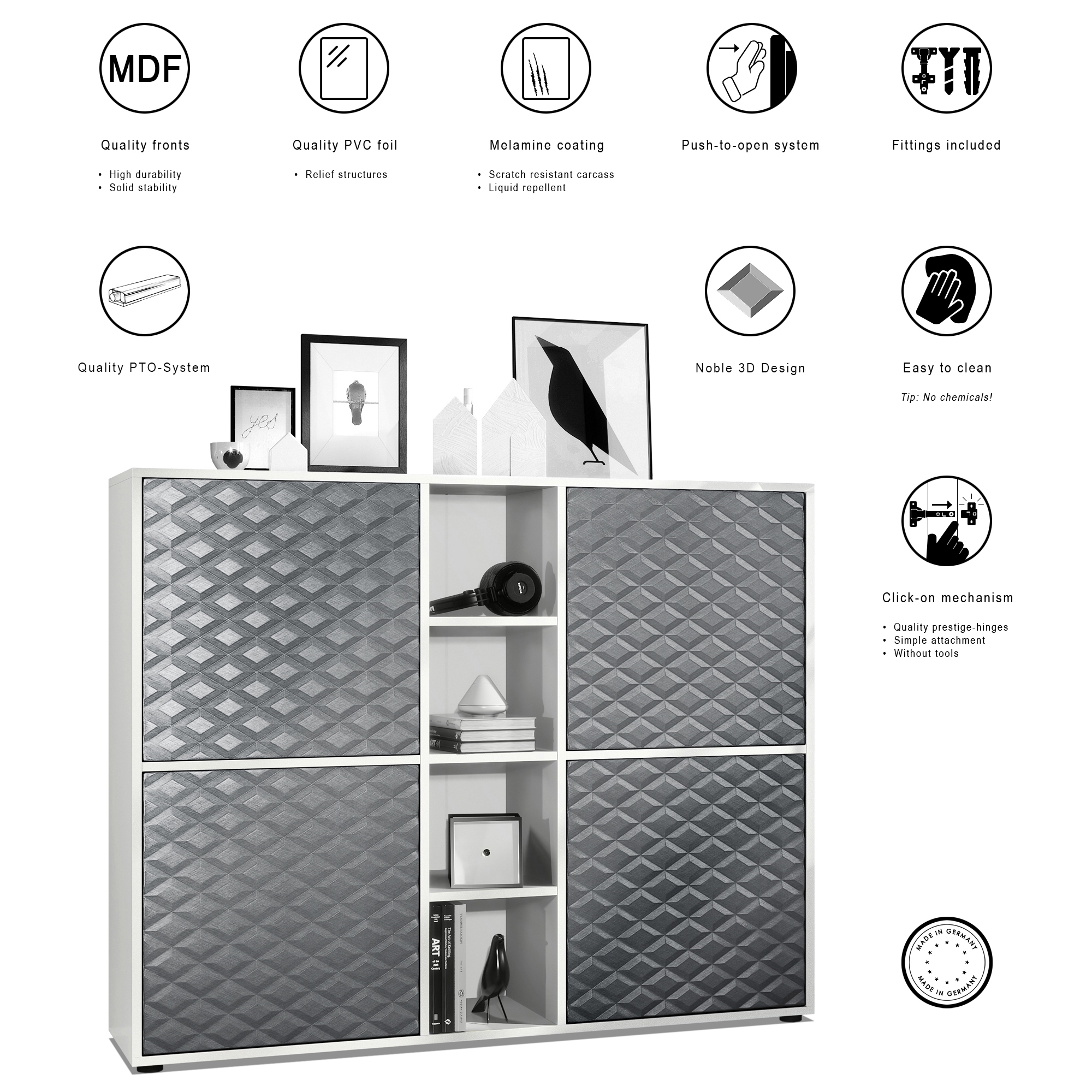 Highboard Cuba V3 mit 4 Türen und 4 offene Fächer Weiß matt/Stahlgrau 3D Struktur (130,5x105,5x35,5 cm)