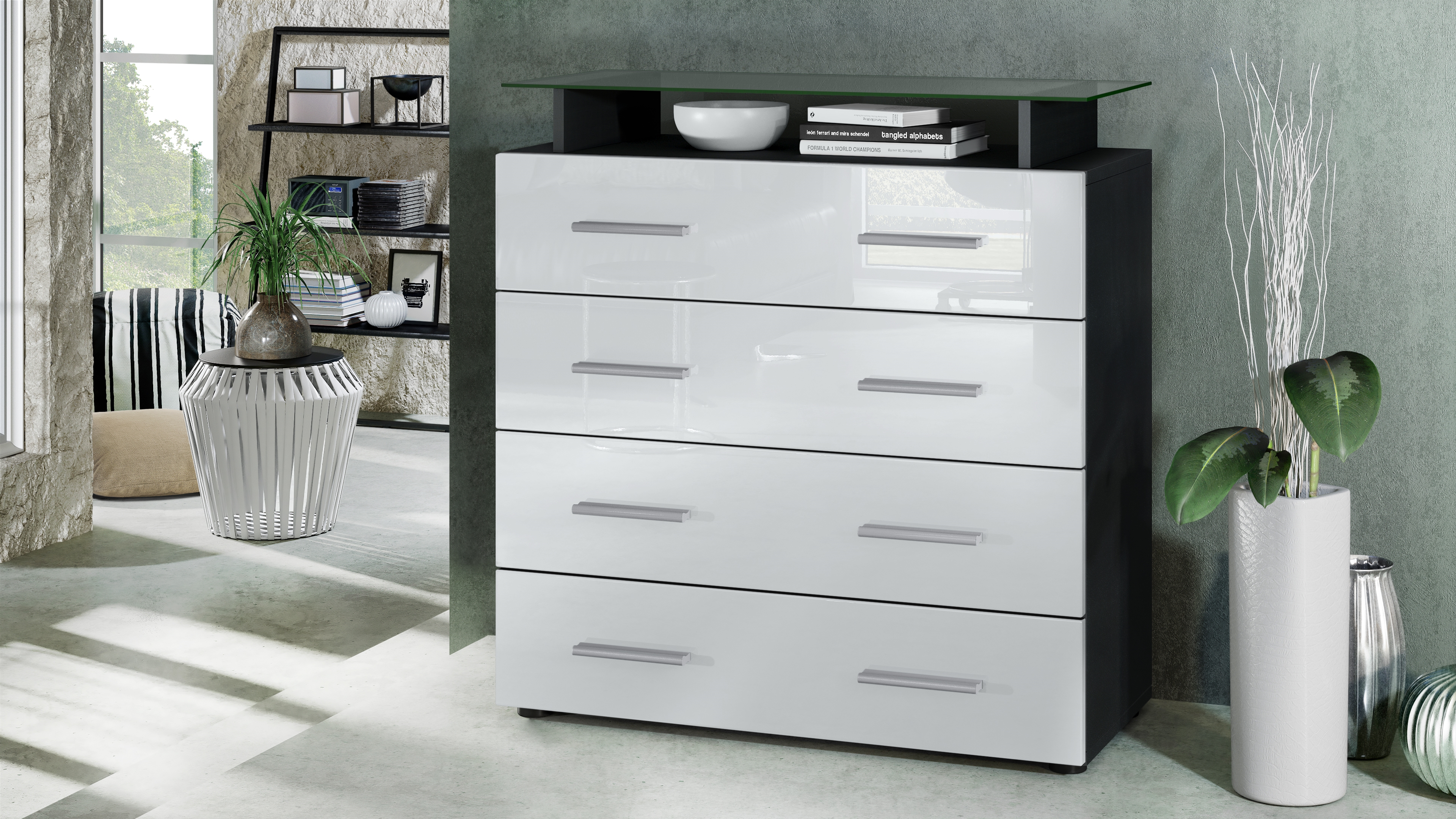 Kommode Pavos V2 mit 4 Schubladen und Glasablage Schwarz matt/Weiß Hochglanz (76 x 81 x 35 cm)
