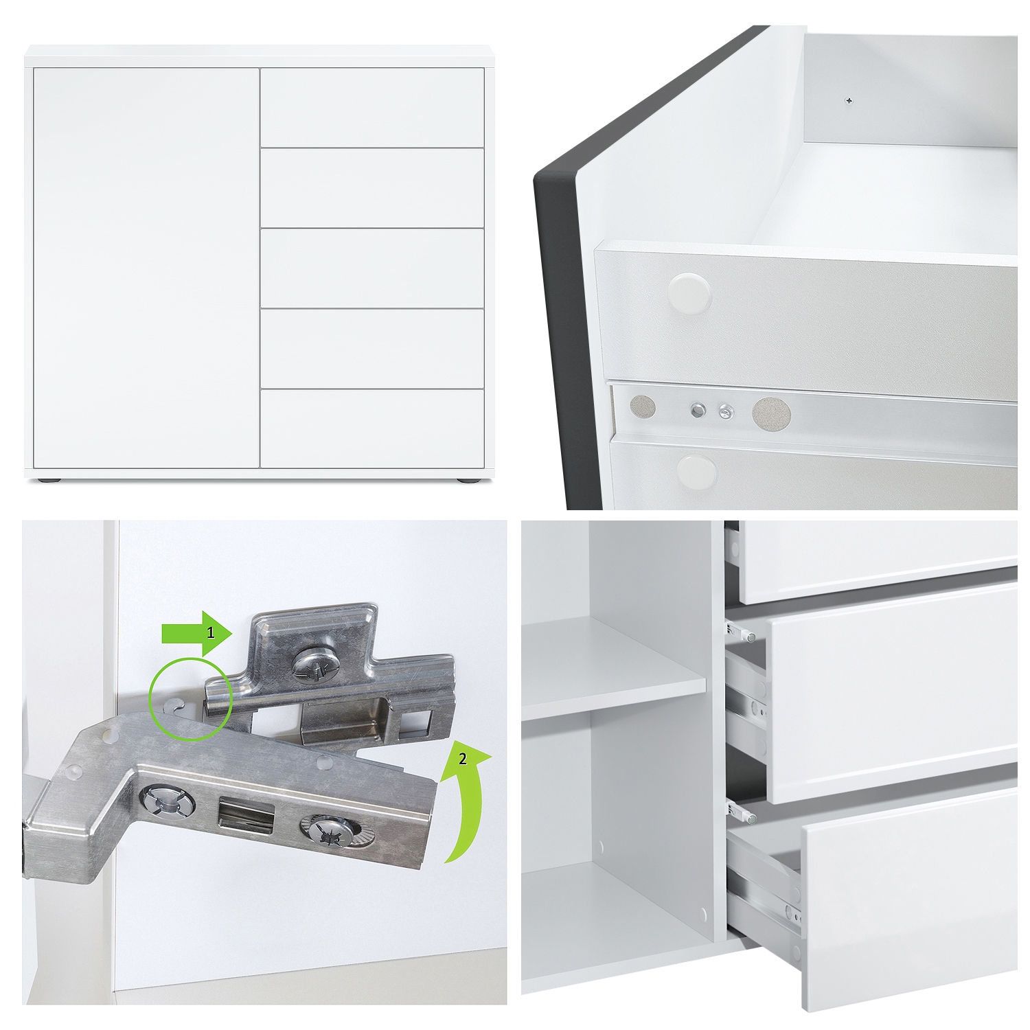 Kommode Ben V2  mit 1 Tür und 5 Schubladen Weiß matt/Weiß matt (79 x 74 x 36 cm)