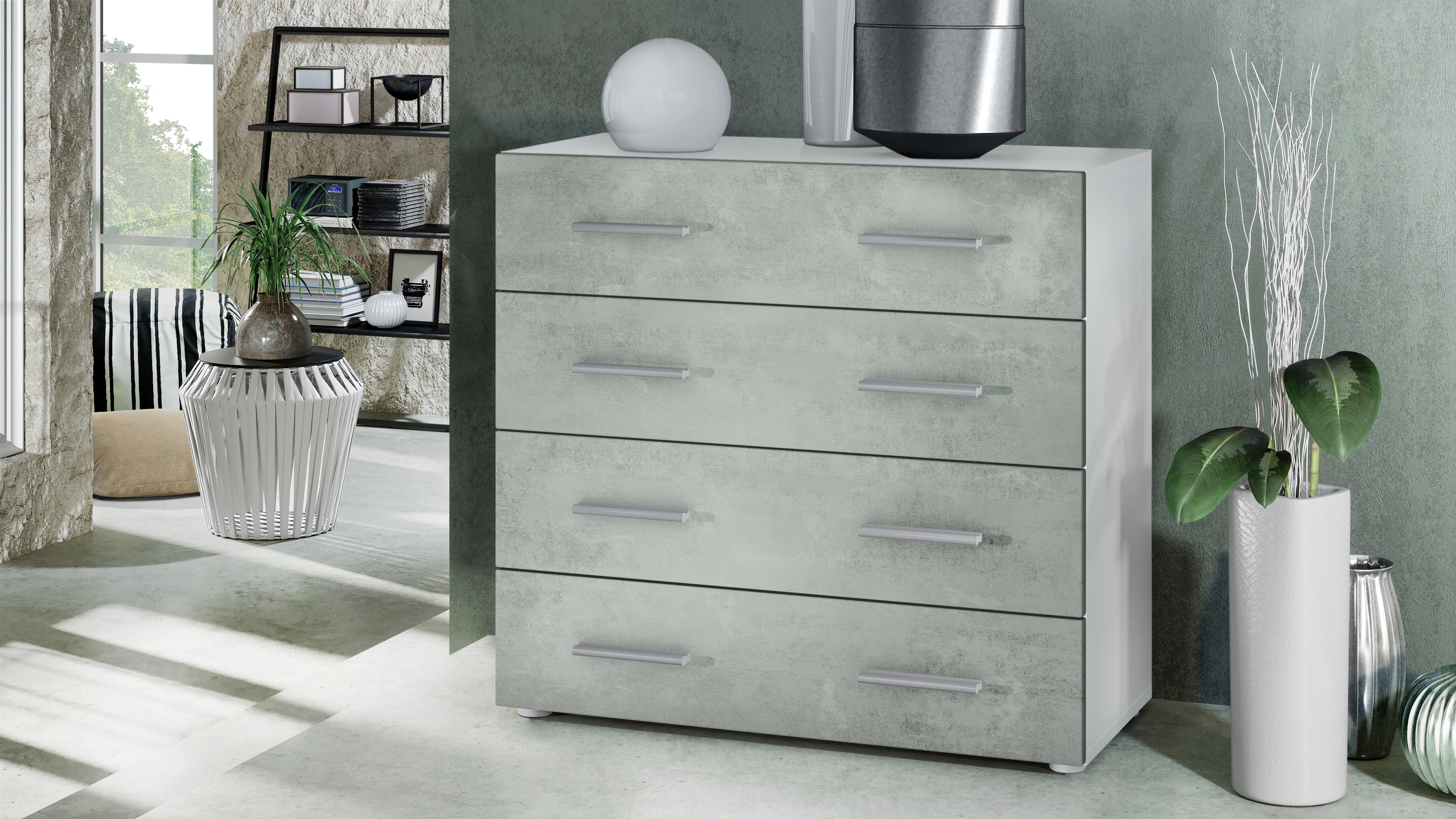 Kommode Pavos V1 ​mit 4 Schubladen Weiß matt/Beton Oxid Optik (76 x 72 x 35 cm)