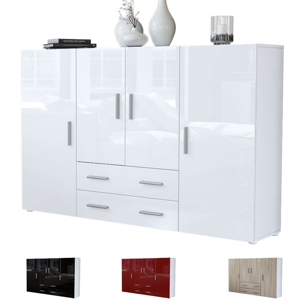 Highboard Nora und 4 Türen mit insgesamt 8 Fächer dahinter Weiß matt/Creme Hochglanz (166,5 x 106,5 x 35 cm)