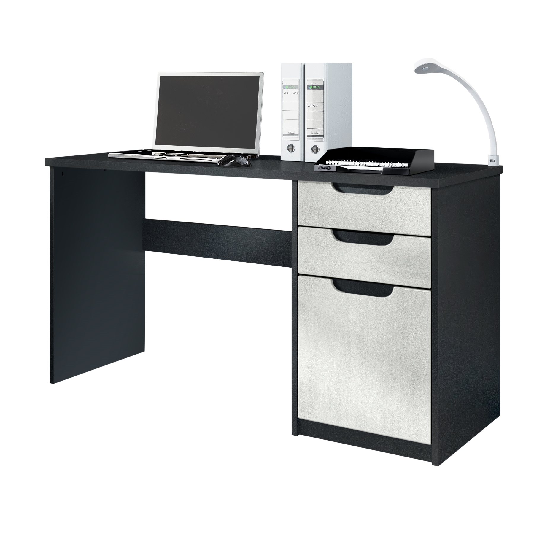 Schreibtisch Logan mit 2 Schubladen und 1 Tür Schwarz matt/Beton Oxid Optik (129 x 76 x 60 cm)