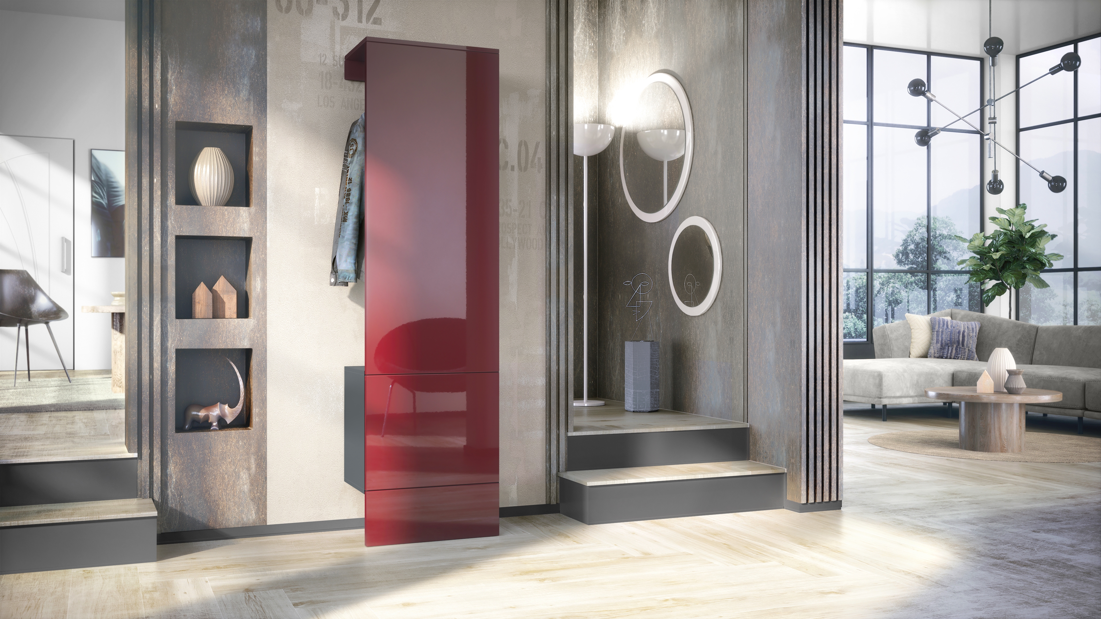 Garderobe Carlton Set 5 Anthrazit 1-tlg. mit integrierter Tür und 1 Kleiderstange Anthrazit matt/Bordeaux Hochglanz (52 x 193 x 35 cm)
