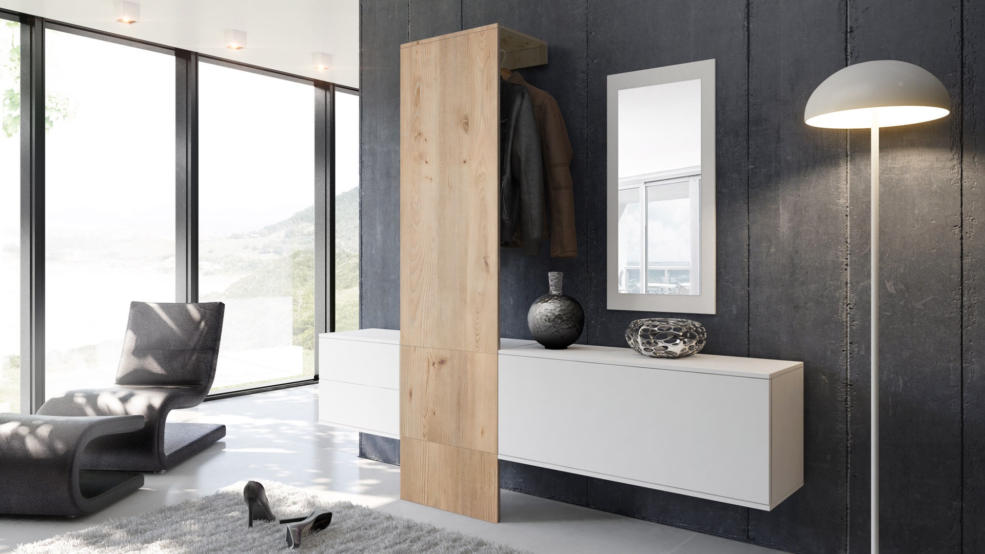 Garderobe Carlton Set 1 Weiß 4-tlg. 1 Paneel, 1 Schubkastenschrank, 1 Schrankmodul und 1 Spiegel Weiß matt/Eiche Nordic (208 x 193 x 35 cm)