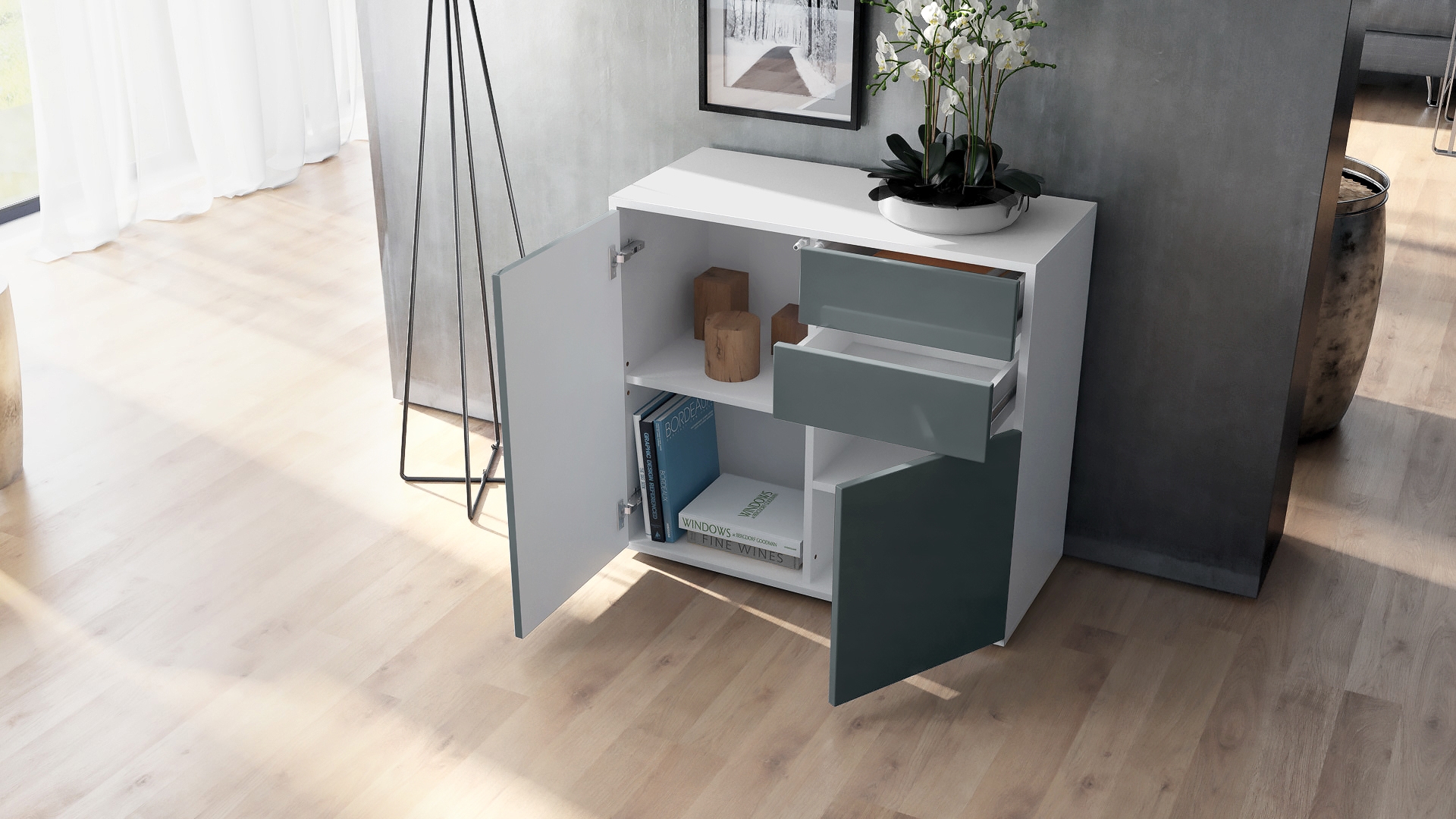 Kommode Ben  mit 2 Türen und 2 Schubladen Weiß matt/Beton Oxid-Optik (79 x 74 x 36 cm)