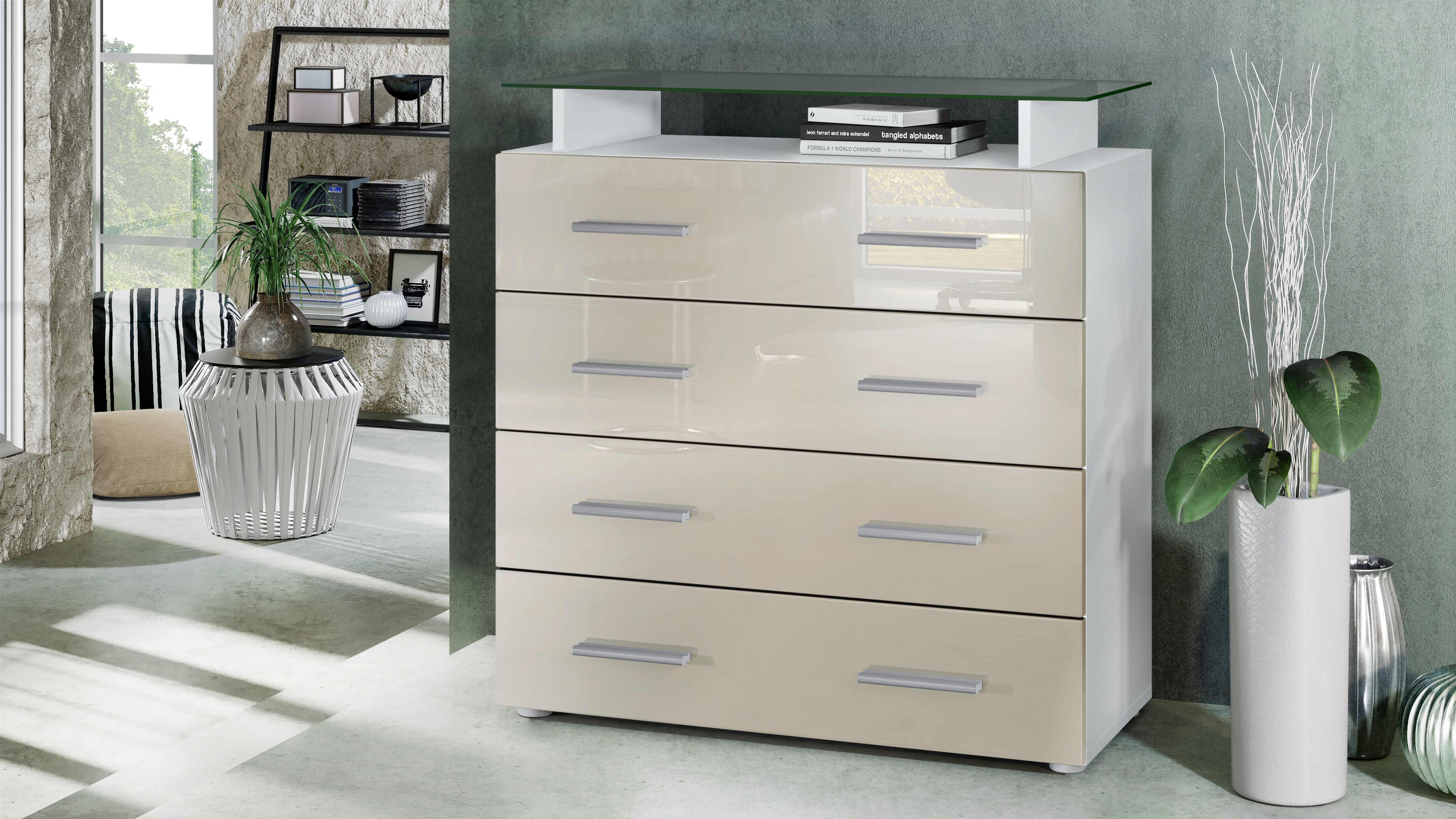 Kommode Pavos V2 mit 4 Schubladen und Glasablage Weiß matt/Creme Hochglanz (76 x 81 x 35 cm)