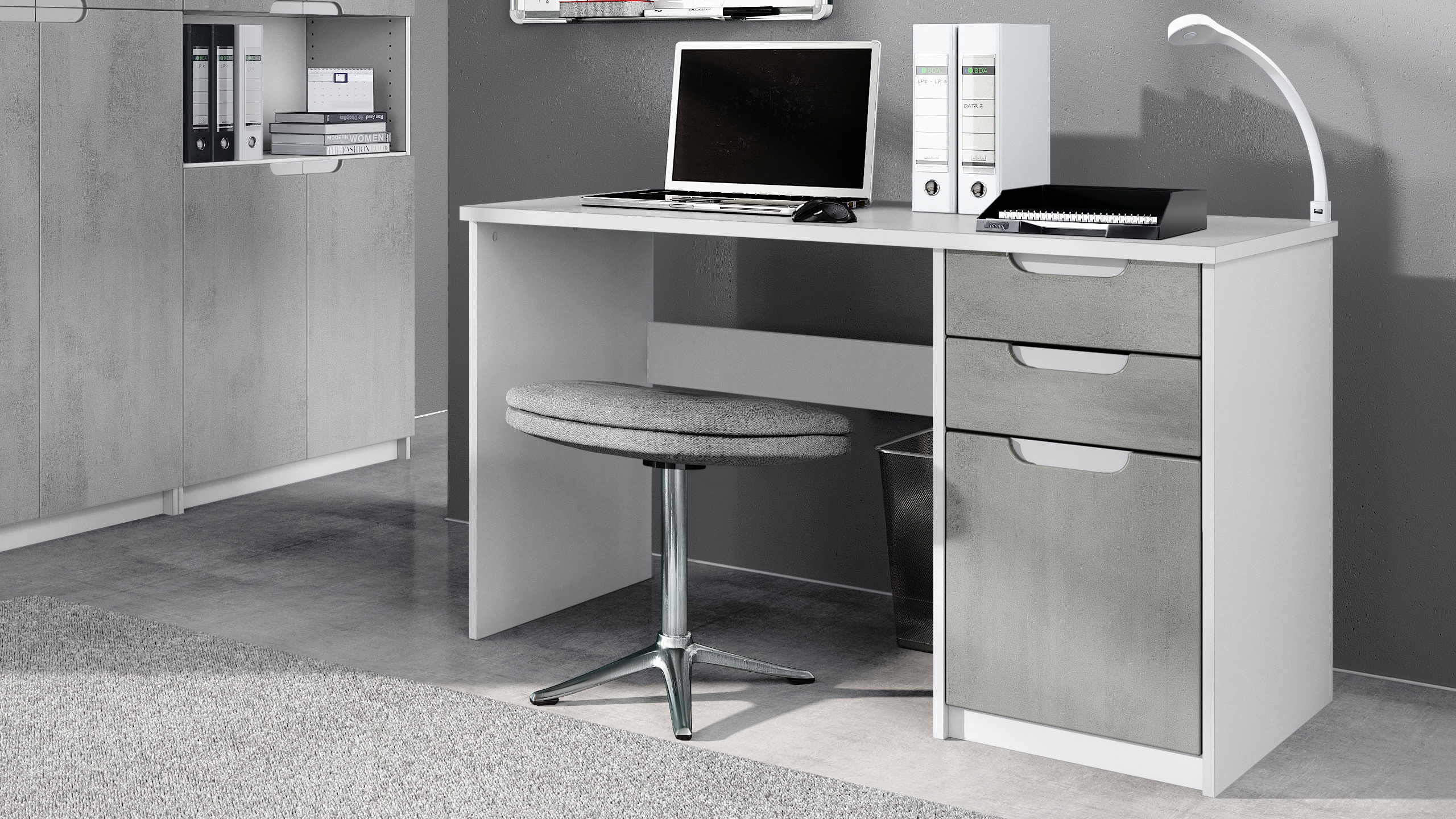 Büromöbel-Set Paris mit 1 Schreibtisch und 1 Druckerkommode Weiß matt / Beton Oxid Optik