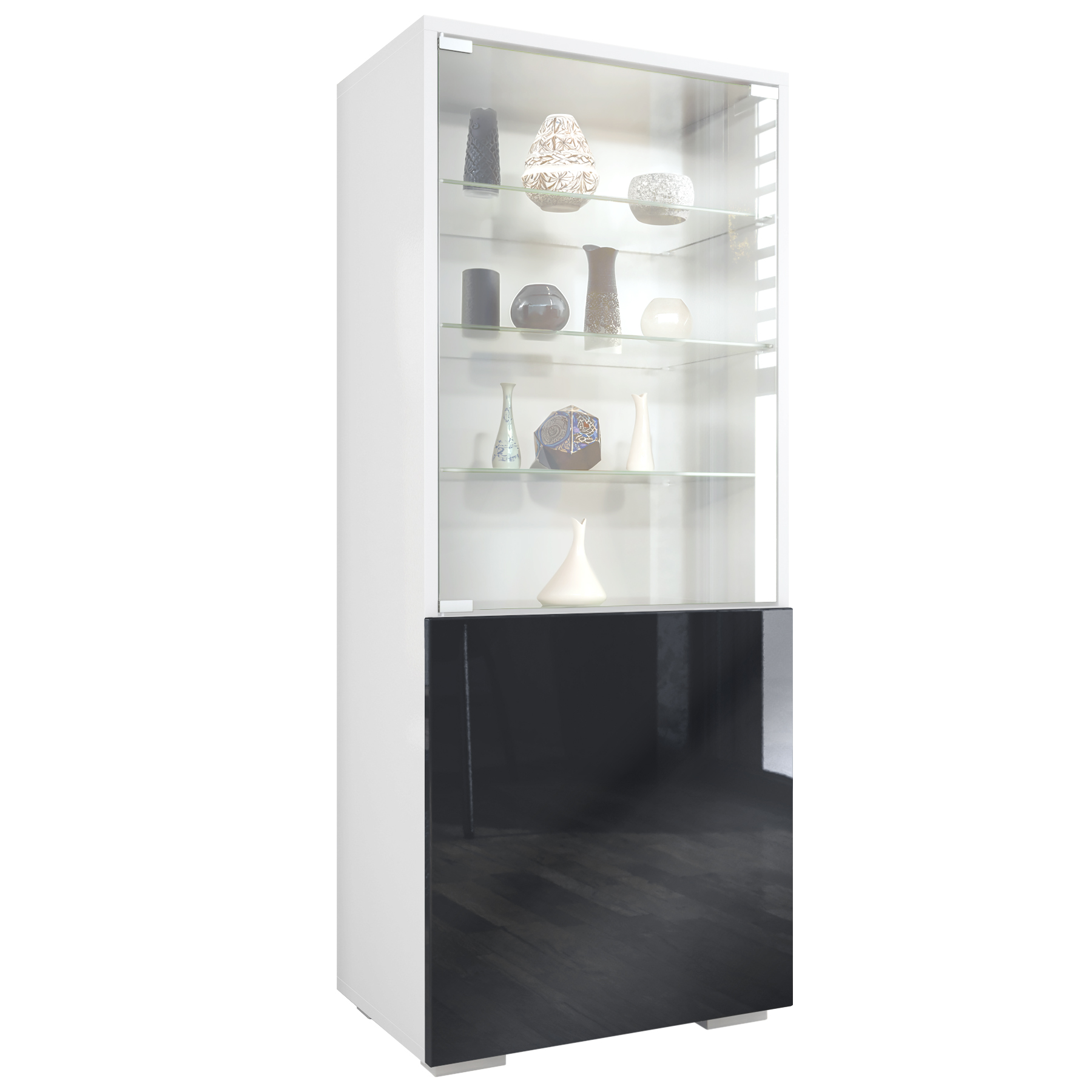 Granada Vitrine Weiß mit Glastür und Glaseinsatz Weiß matt/Schwarz Hochglanz (50 x 122,5 x 34,5 cm)