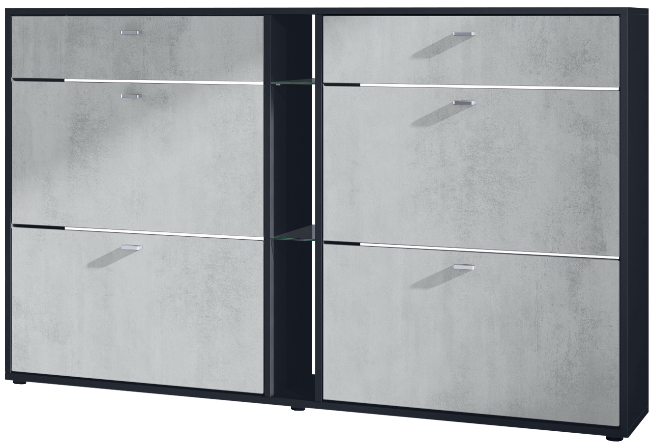 Today Schuhschrank 2 Schubladen und 3 offene Fächer  Schwarz matt/Beton Oxid Optik (155,5 x 95 x 28 cm)