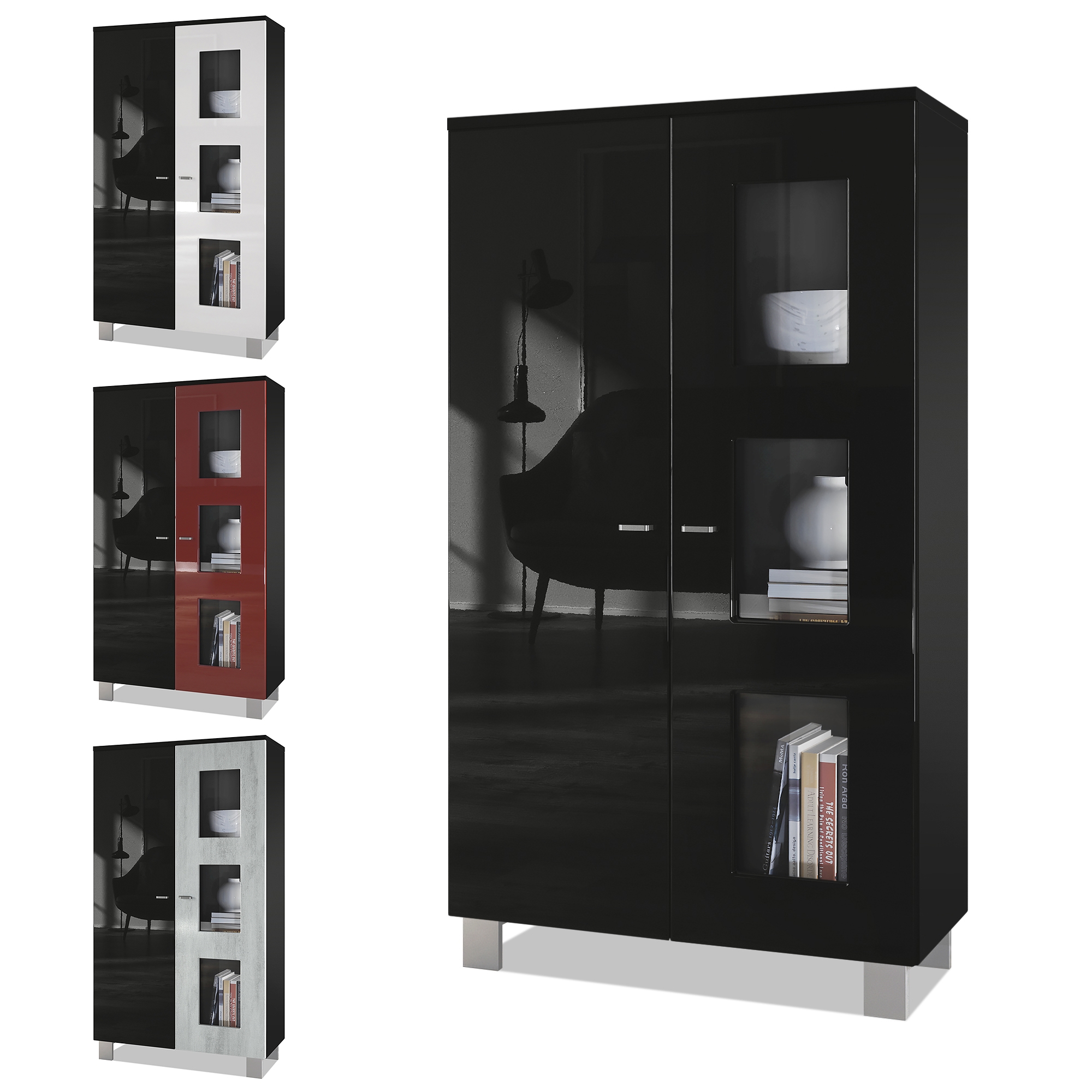 Vitrine Denjo  mit 2 Türen und 3 Glaseinsätzen Schwarz matt/ Schwarz Hochglanz/ Beton Oxid-Optik (71 x 129 x 35 cm)