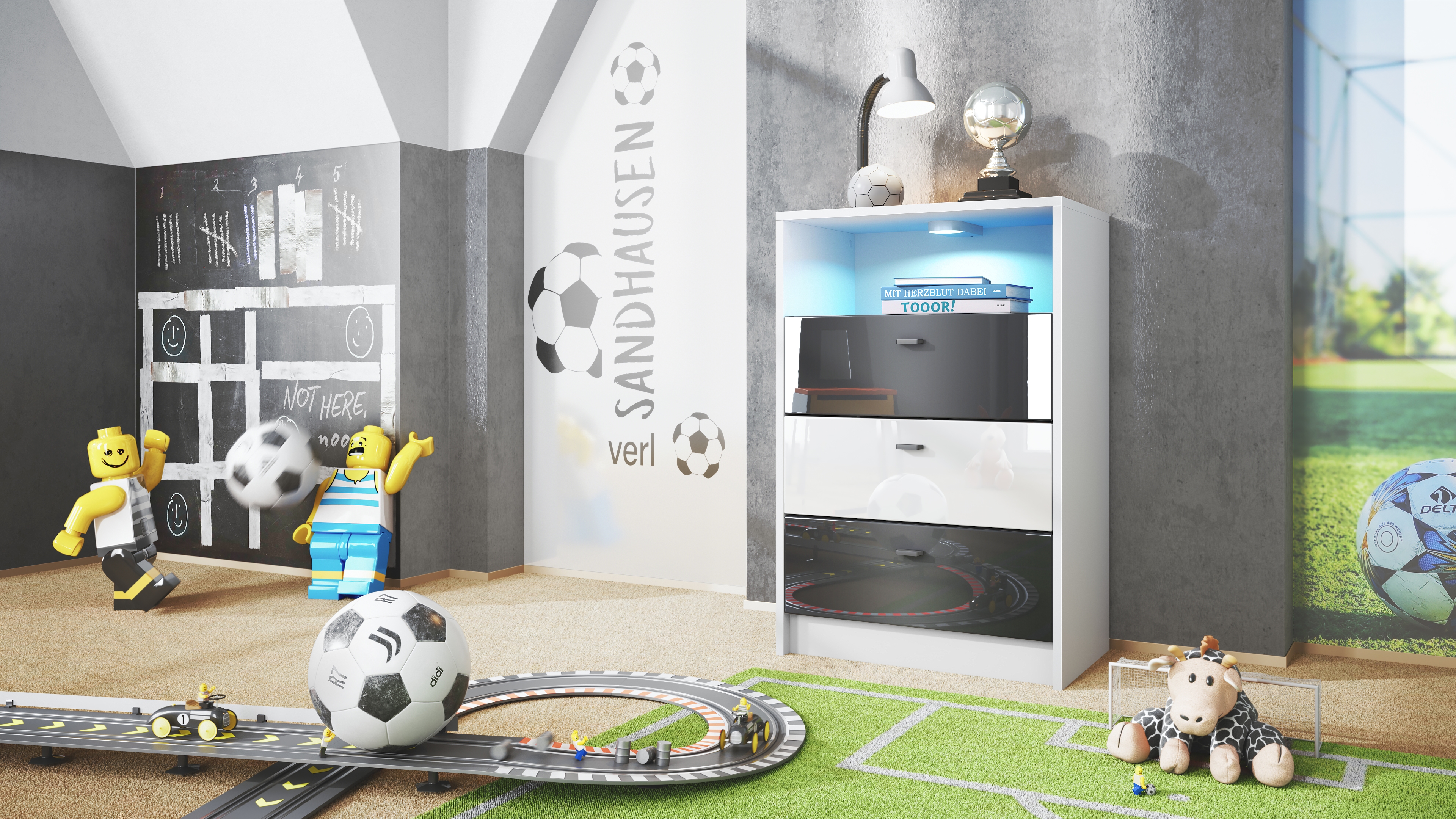 Pino V2 Kommode Fußball mit 3 Schubladen inkl. RGB LED Beleuchtung Fußball Sandhausen - Schwarz, Weiß & Schwarz glänzend (56x86,5x36 cm)