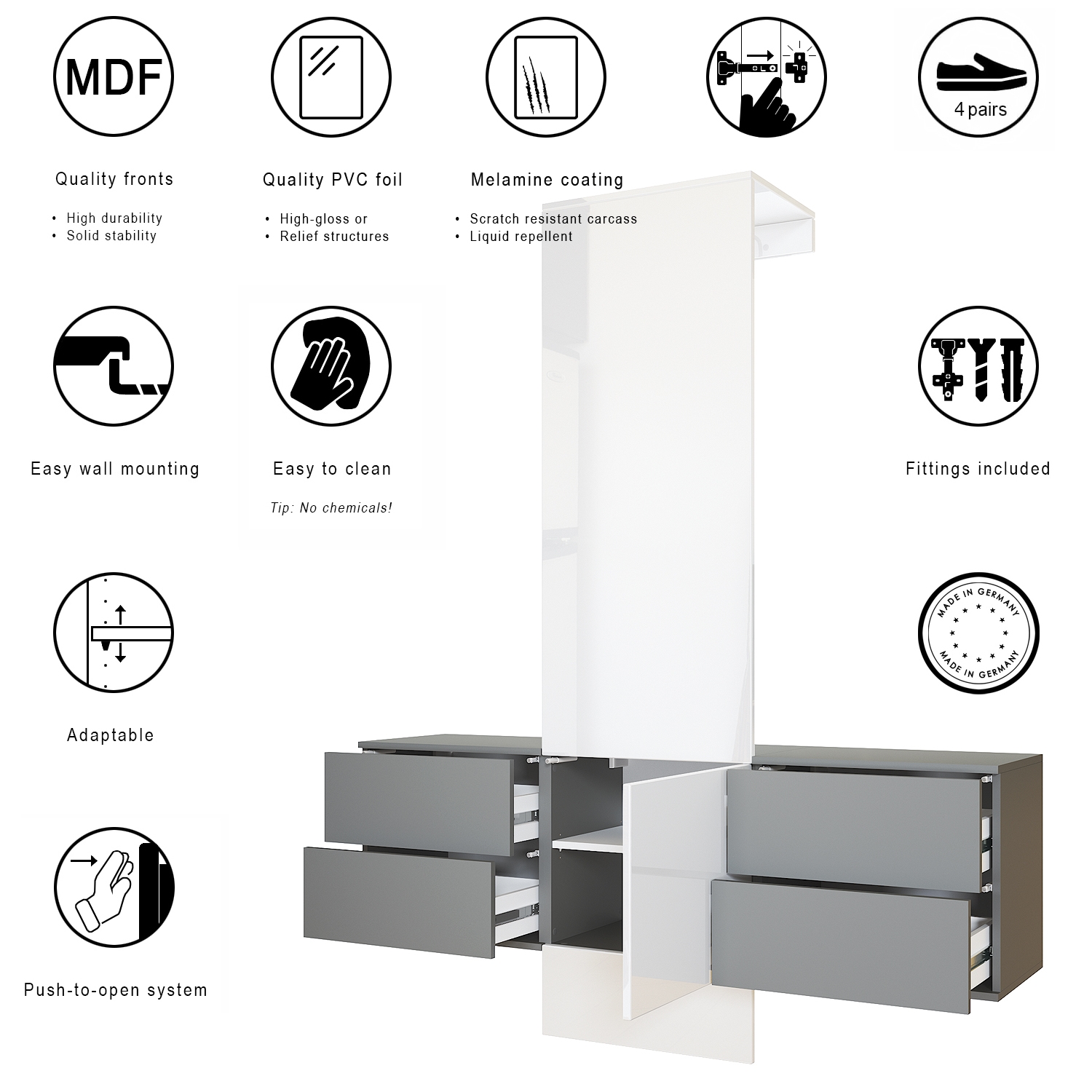 Garderobe Carlton Set 3 Anthrazit 4-tlg. 1 Paneel und 2 Schubkastenschränke Anthrazit matt/Beton Oxid Optik (157 x 193 x 35 cm)