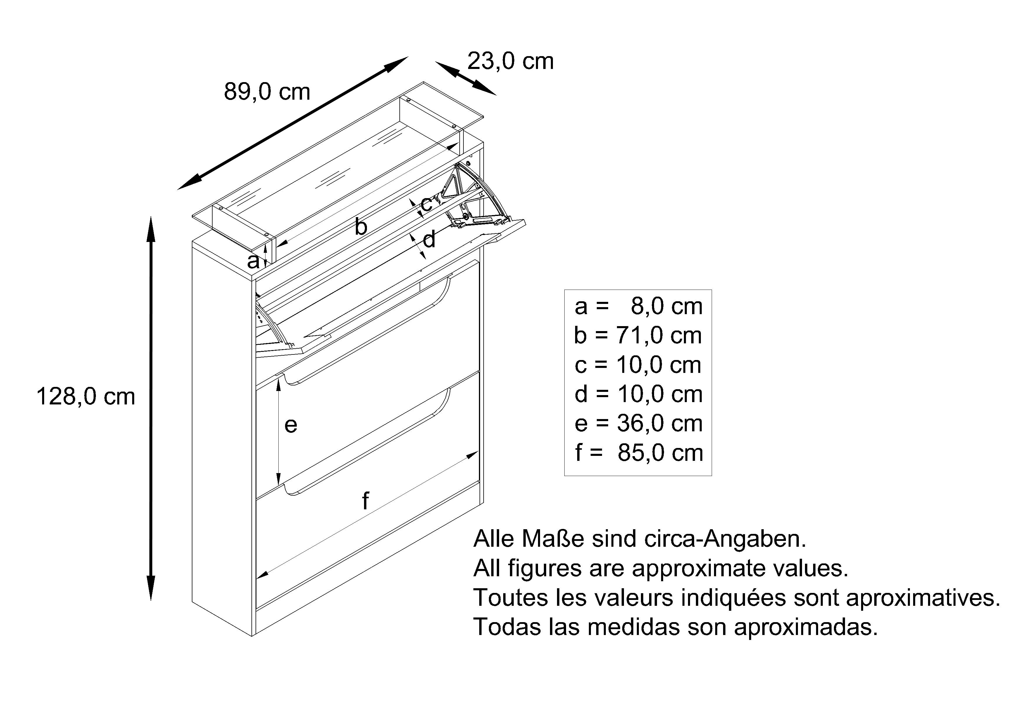 Schuhschrank Space ​für 24 Paar Schuhe mit 3 Klappen und Glasablage Weiß matt/Petrol glänzend/Absetzung in Weiß glänzend (89x128x23 cm)