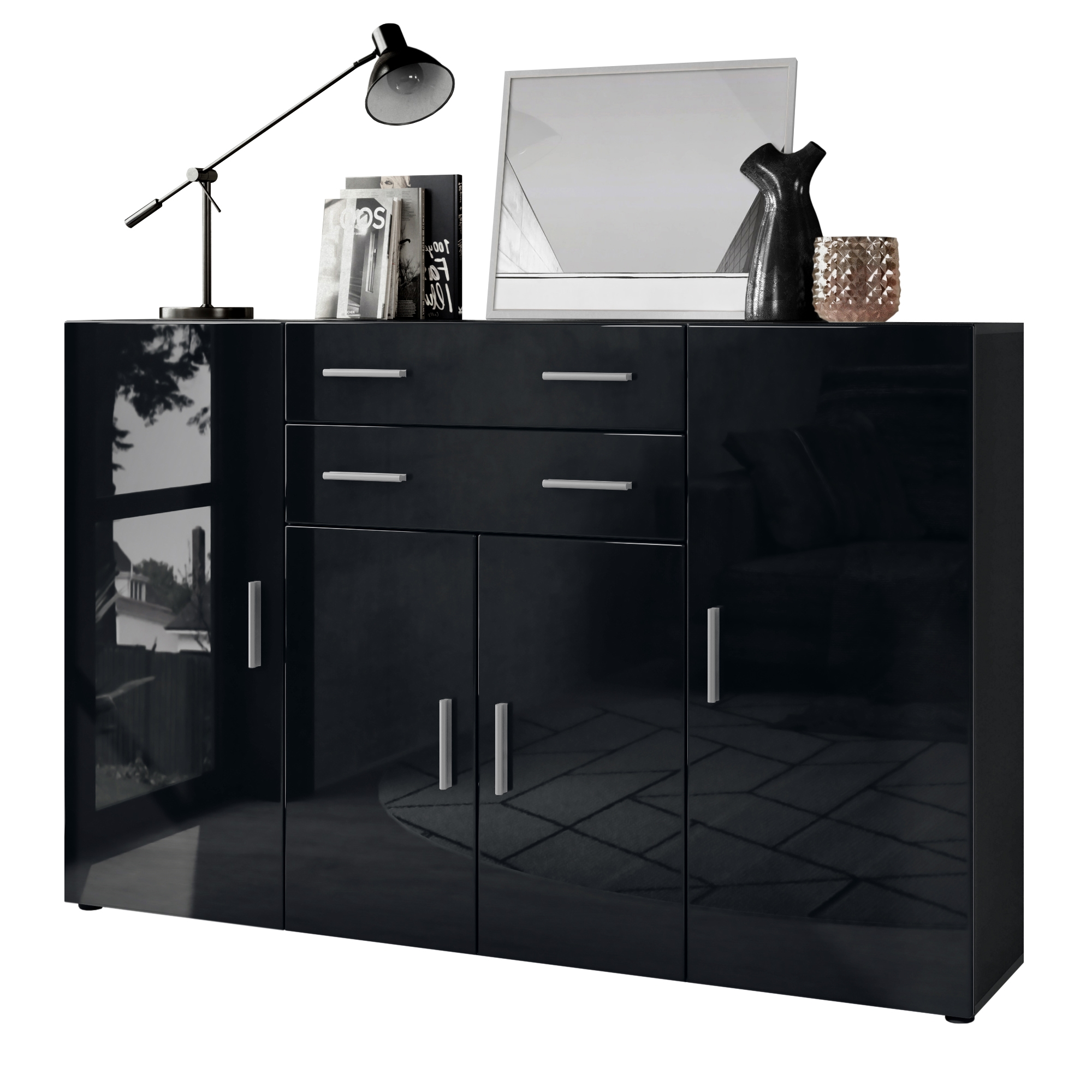 Highboard Aron  mit 4 Türen und 2 Schubladen Anthrazit matt/Schwarz Hochglanz (166,5 x 106,5 x 35 cm)