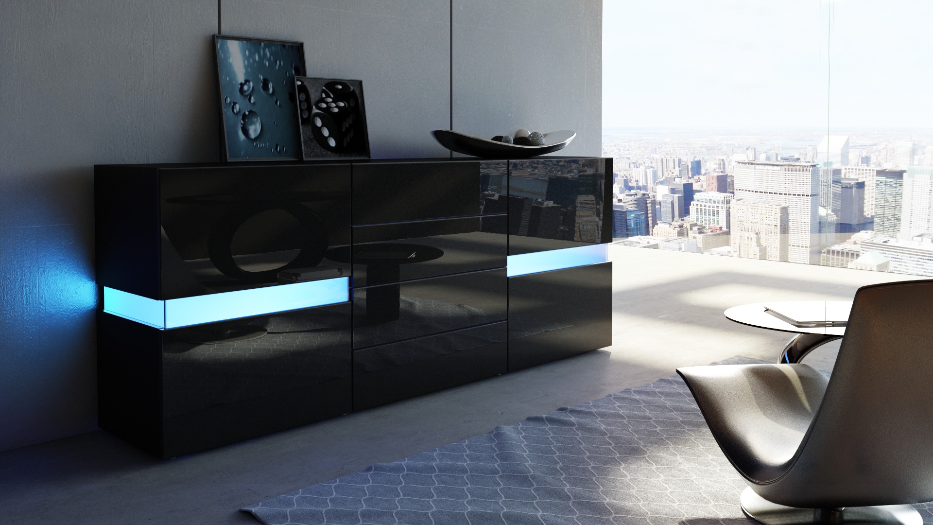 Sideboard Flow mit 2 Türen, je 2 Fächer dahinter und 4 Schubladen Schwarz matt/Schwarz Hochglanz, inkl. LED-Beleuchtung (177x75x39 cm)