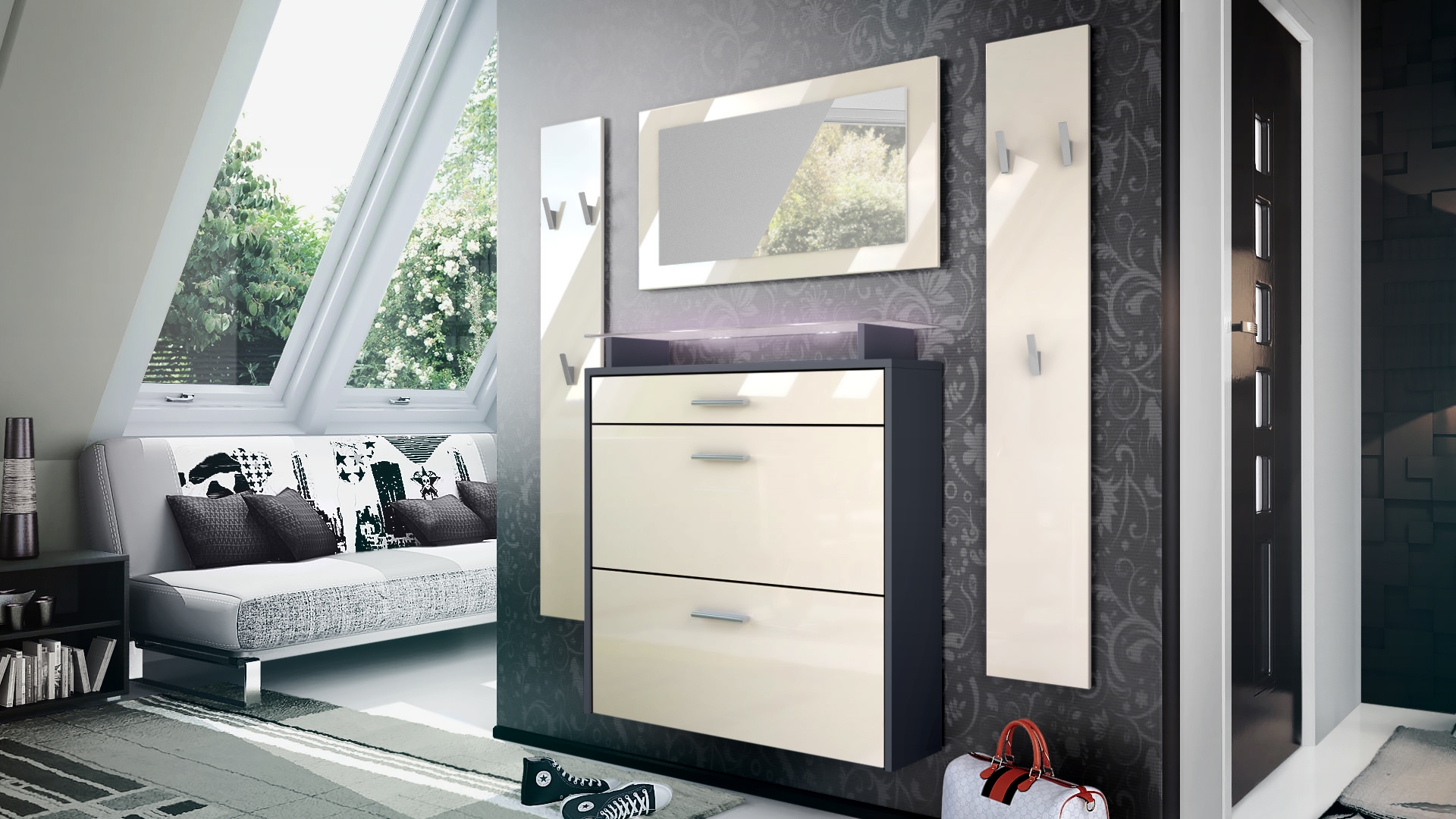 Garderobenset Malea 1 Wandspiegel und 2 Garderobenpaneele Anthrazit matt/Creme Hochglanz, inkl. LED-Beleuchtung weiß