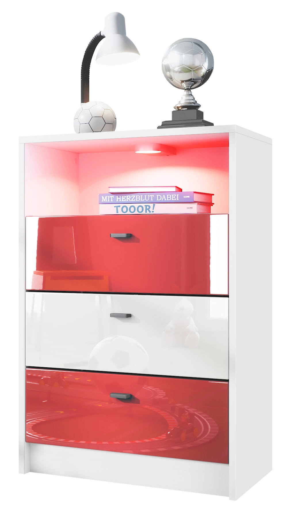 Pino V2 Kommode Fußball mit 3 Schubladen inkl. RGB LED Beleuchtung Fußball Bundesliga München - Rot, Weiß & Rot Hochglanz (56x86,5x36 cm)