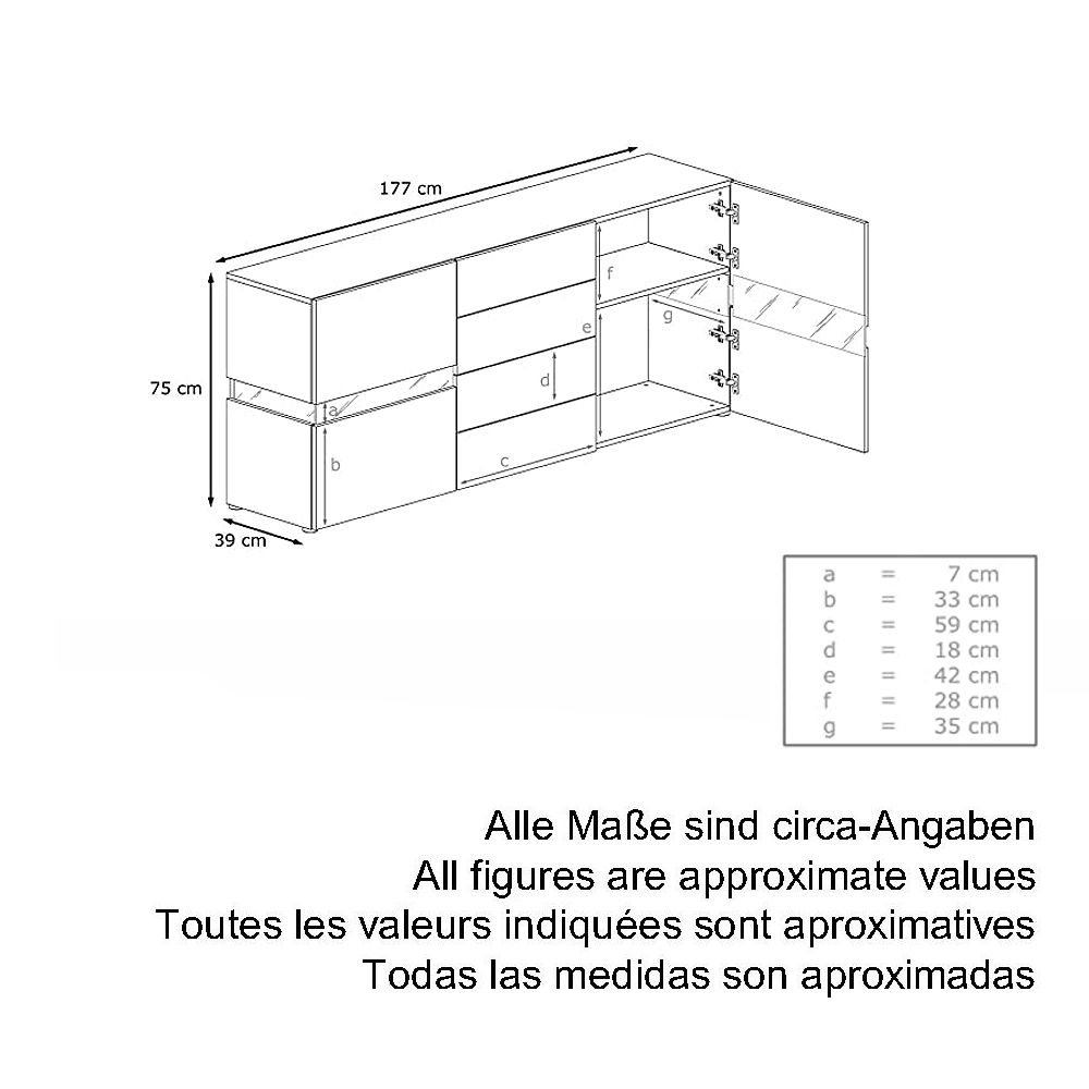 Sideboard Flow mit 2 Türen, je 2 Fächer dahinter und 4 Schubladen Schwarz matt/Schwarz Hochglanz, inkl. LED-Beleuchtung (177x75x39 cm)