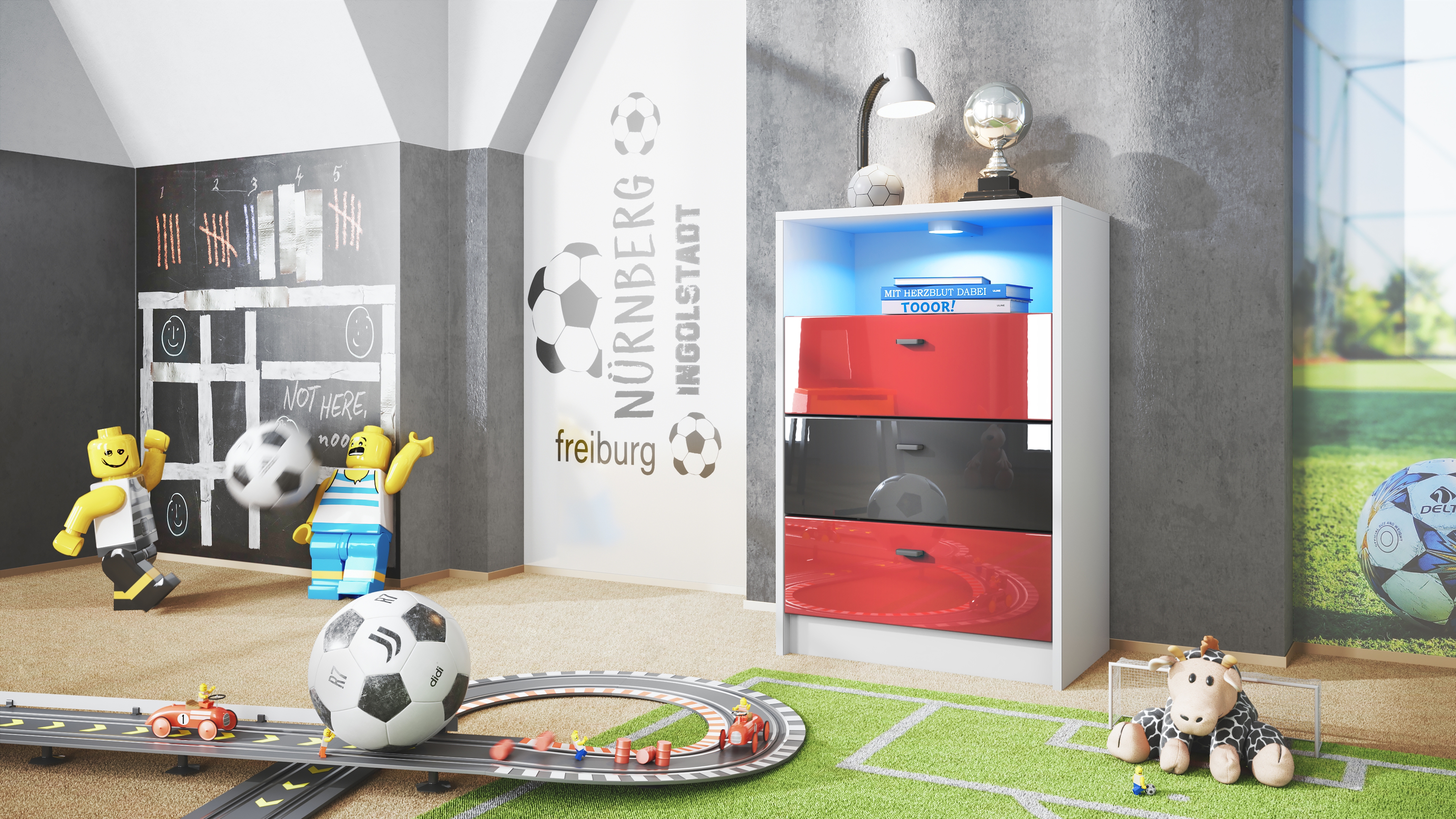 Pino V2 Kommode Fußball mit 3 Schubladen inkl. RGB LED Beleuchtung Fußball Liga Freiburg - Rot, Schwarz & Rot glänzend (56x86,5x36 cm)