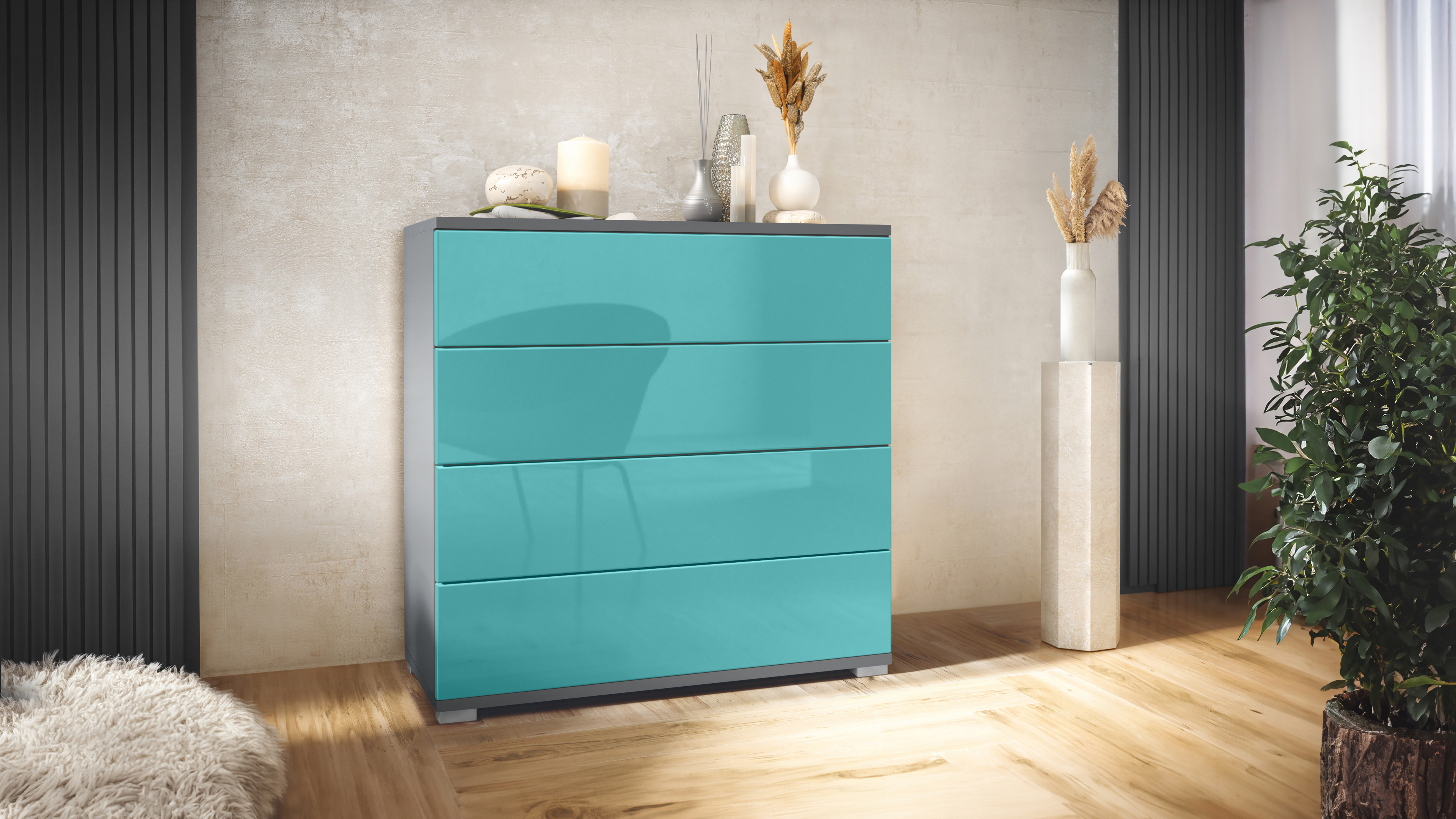 Kommode Pavos V3 mit 4 Schubladen Anthrazit matt/Petrol Hochglanz (76 x 76 x 35 cm)