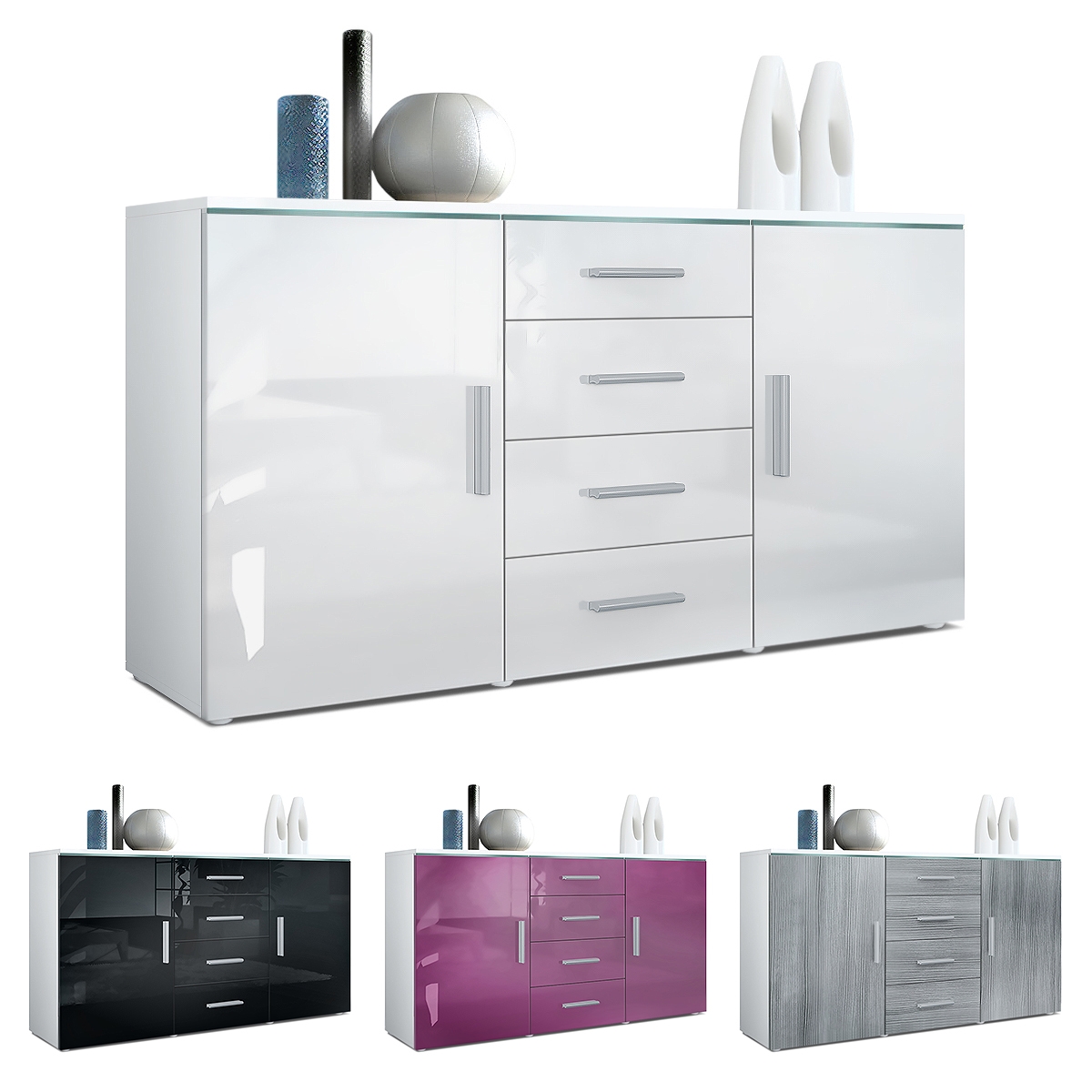 Sideboard Faro mit 2 Türen und 4 Schubladen Weiß matt/Schwarz Hochglanz (139 x 72 x 35)