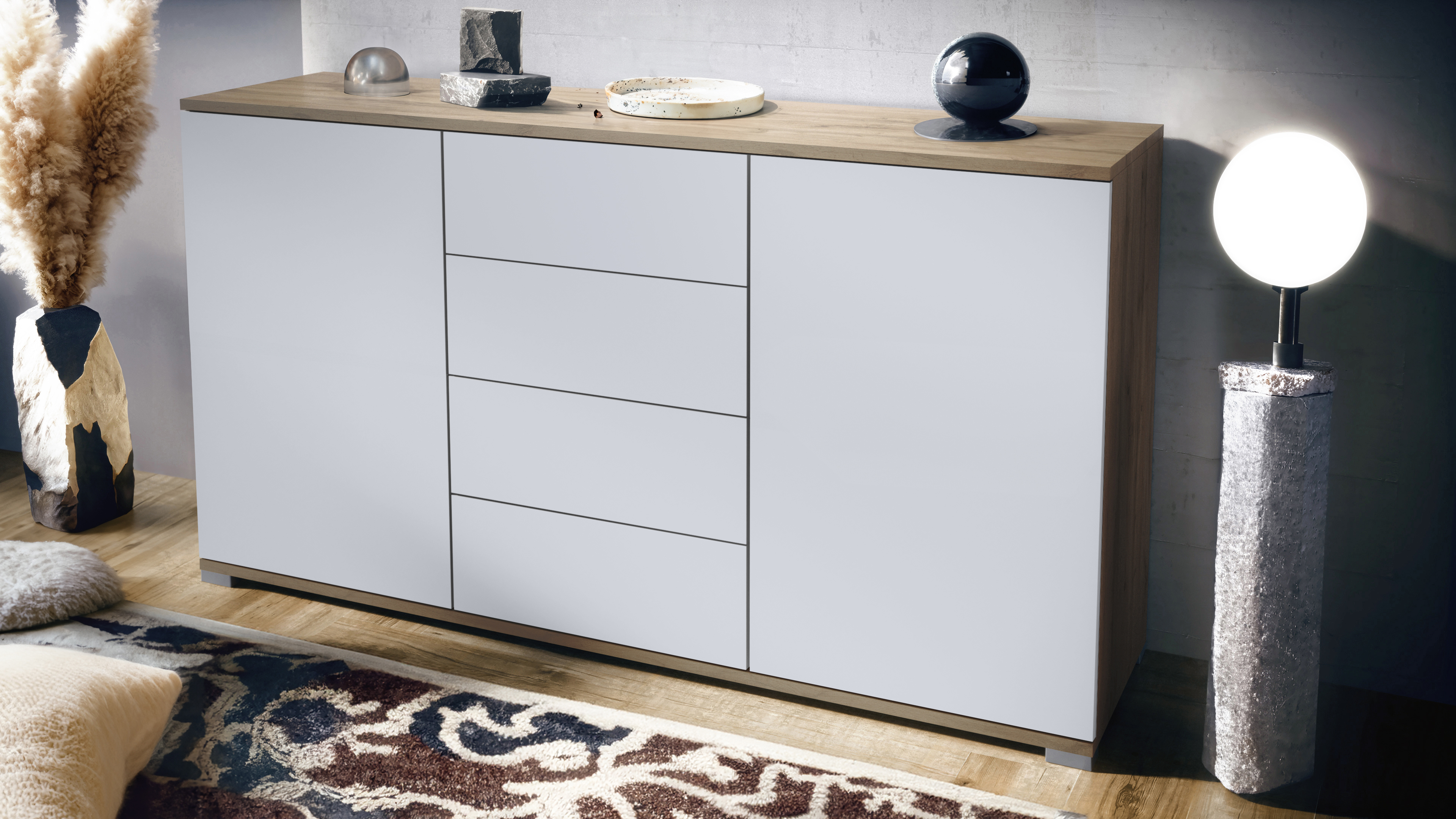 Santo V1 Sideboard Eiche Evoke mit 2 Türen und 4 Schubladen Eiche Evoke/Weiß matt (138,5 x 75,5 x 35 cm)