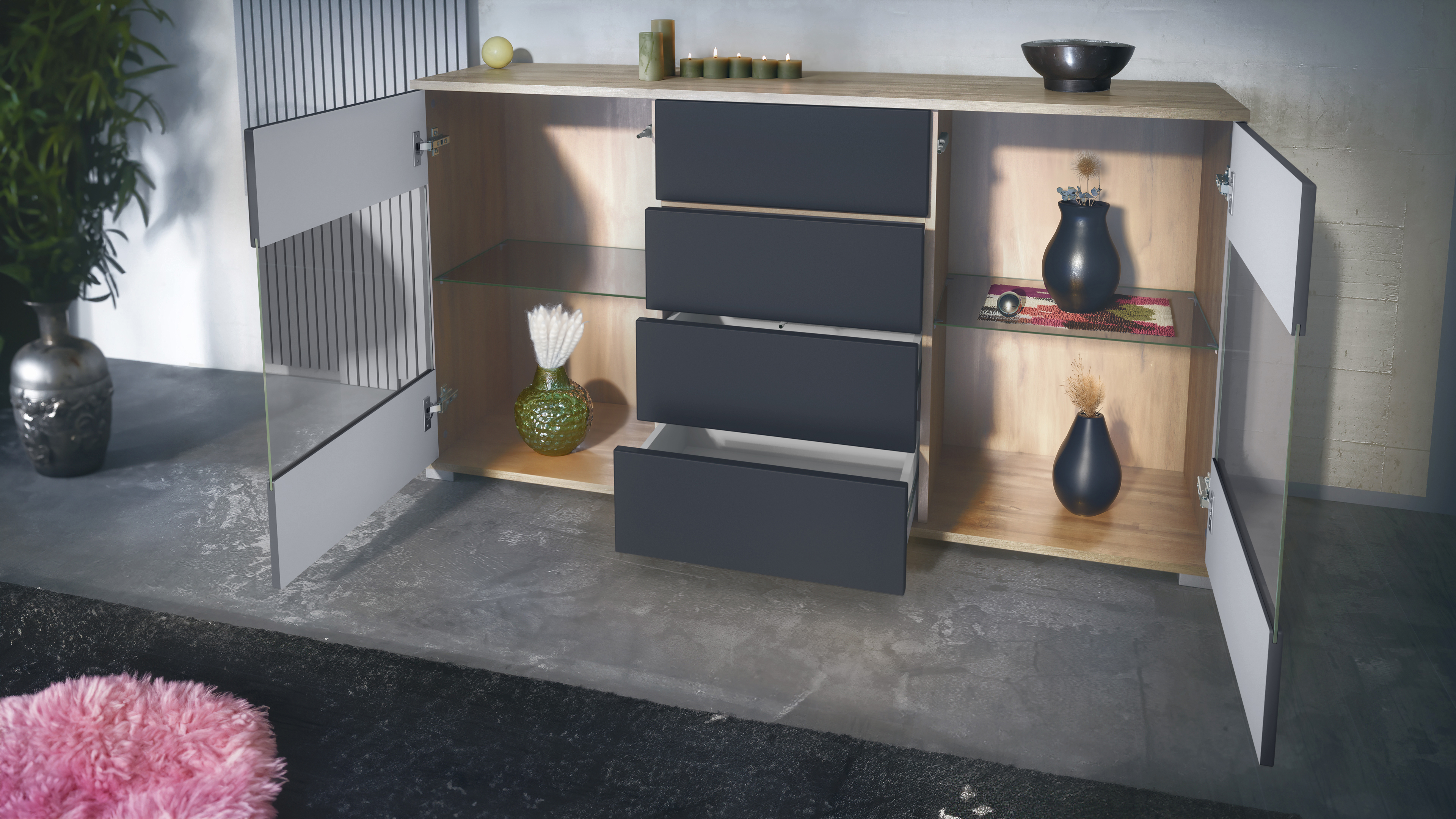 Sideboard Bari V1 Eiche Evoke 4 Schubladen und 2 flexible Glaseinlegeböden Eiche Evoke/Grau Hochglanz (138,5 x 75,5 x 35)